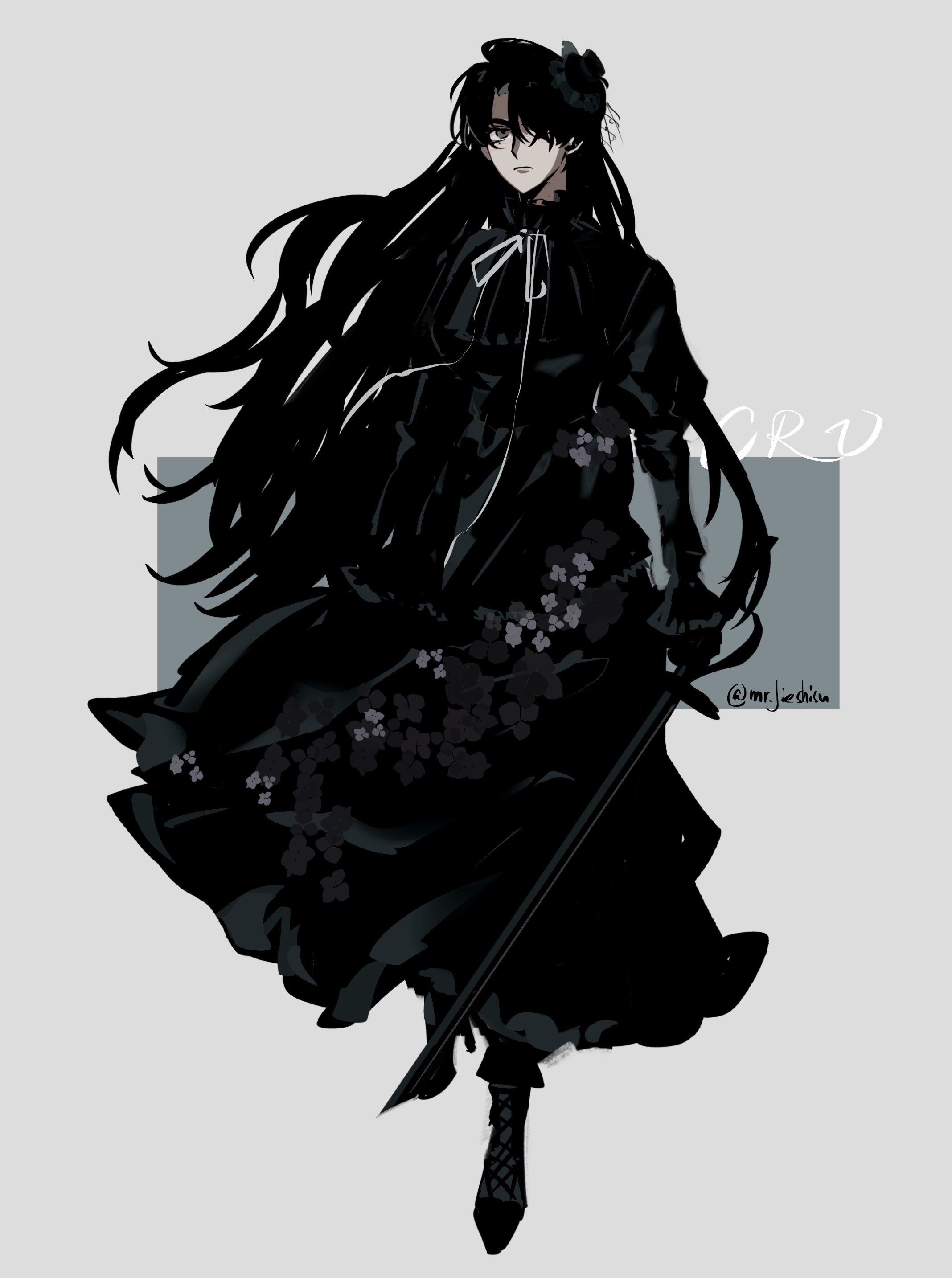 mrjieshisu, yoo joonghyuk, omniscient reader's viewpoint, absurdres, highres, 1girl, black dress, black eyes, black gloves, black hair, boots, dress, flower, full body, genderswap, genderswap (mtf), gloves, hair flowing over, hair over one eye, holding, holding sword, holding weapon, long hair, looking at viewer, neck ribbon, official alternate costume, one side up, ribbon, serious, solo, sword, very long hair, weapon