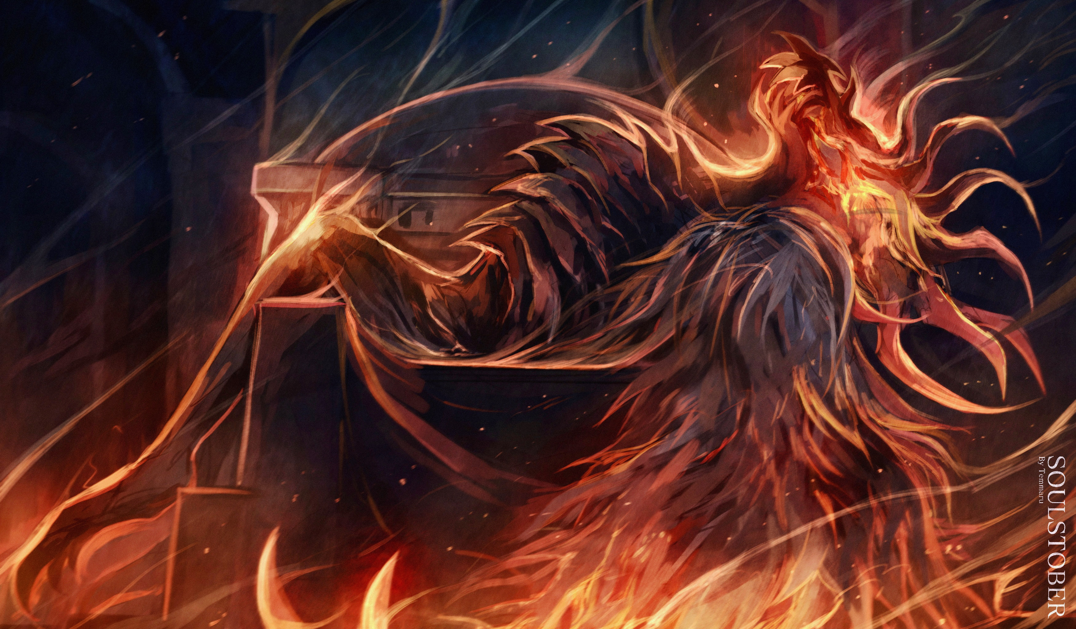 temmaru1, laurence the first vicar, bloodborne, absurdres, commentary, english commentary, highres, 1boy, artist name, boss fight, claws, embers, fire, grey fur, indoors, inktober, male focus, monster, sharp teeth, sitting, sitting on throne, teeth