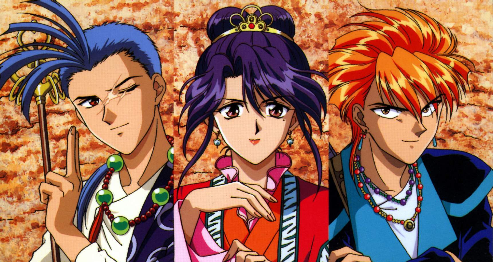 chichiri, chichiri (fushigi yuugi), nuriko, nuriko (fushigi yuugi), tasuki (fushigi yuugi), fushigi yuugi, highres, 1990s (style), 3boys, blue hair, male focus, monk, multiple boys, one-eyed, orange hair, purple hair, red eyes, retro artstyle, scar, scar across eye, scar on face, staff, tasuki, trap