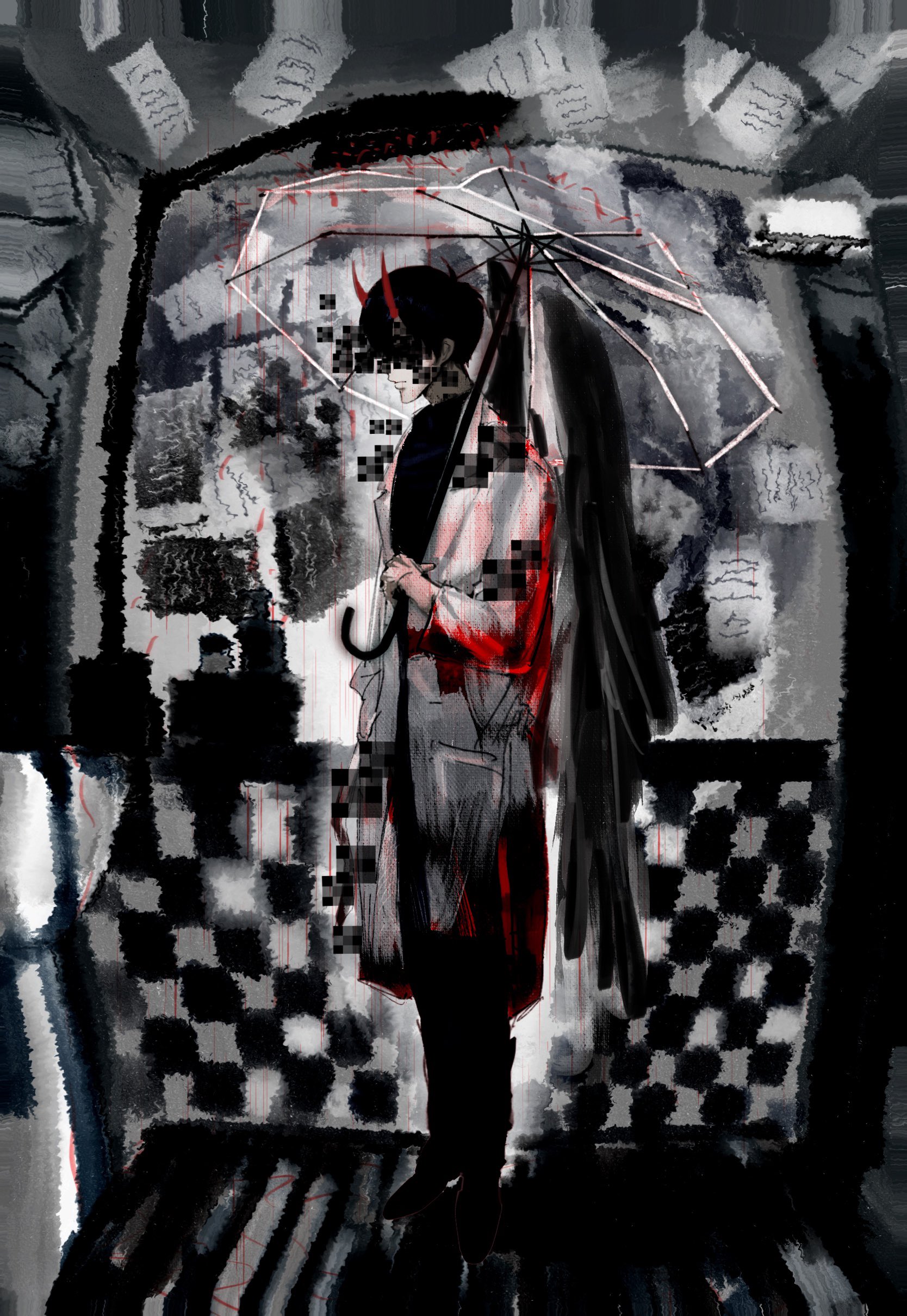 mrjieshisu, kim dokja, omniscient reader's viewpoint, absurdres, highres, 1boy, black shirt, censored, censored identity, coat, demon horns, distortion, falling paper, from side, full body, holding, holding umbrella, horns, male focus, official alternate costume, open clothes, open coat, paper, popped collar, raining blood, shirt, solo, standing, tile wall, tiles, umbrella, wainscoting, white coat, wooden floor