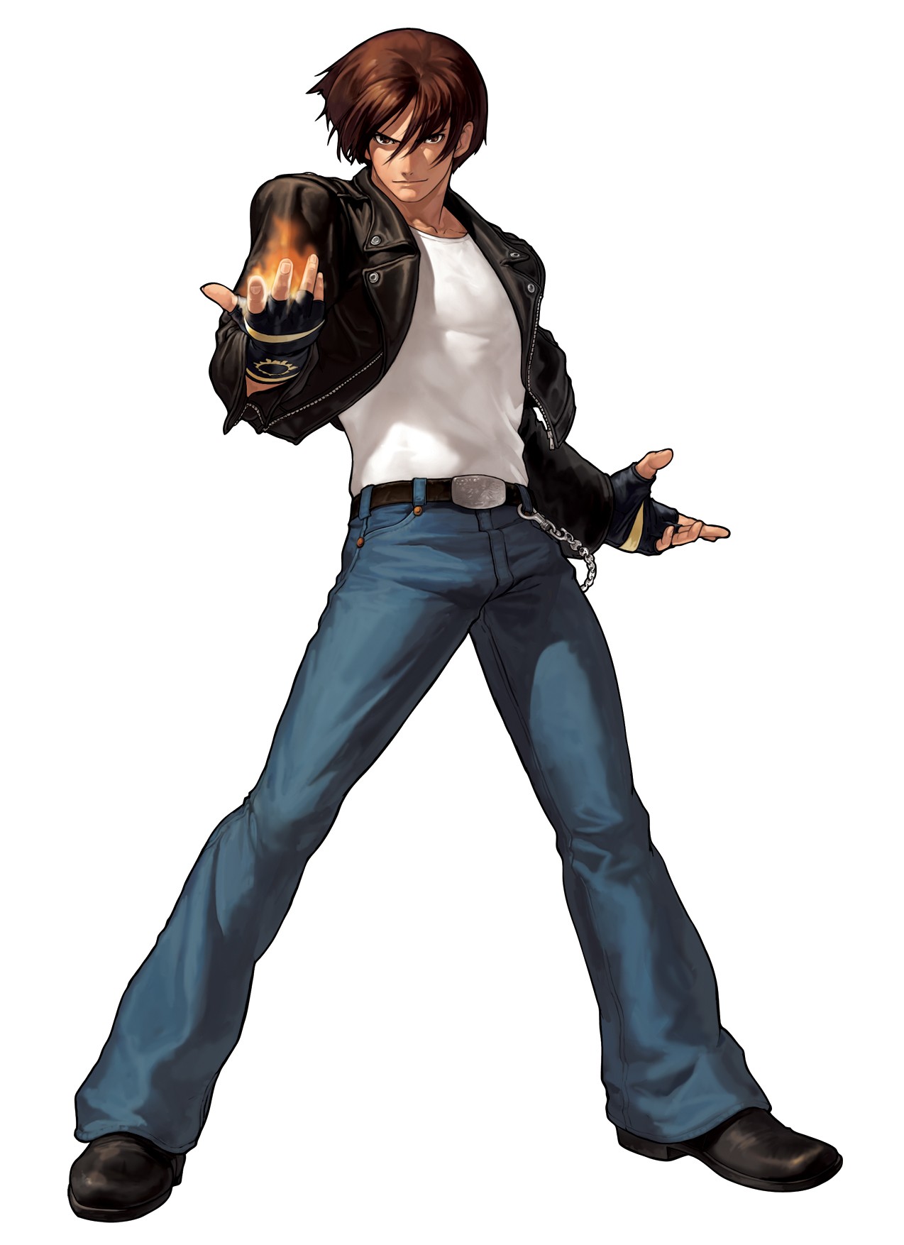 ogura eisuke, kusanagi kyou, snk, the king of fighters, the king of fighters xii, highres, official art, 1boy, boots, brown hair, denim, fingerless gloves, fire, gloves, jacket, jeans, leather, leather jacket, male focus, pants, pyrokinesis, short hair, solo
