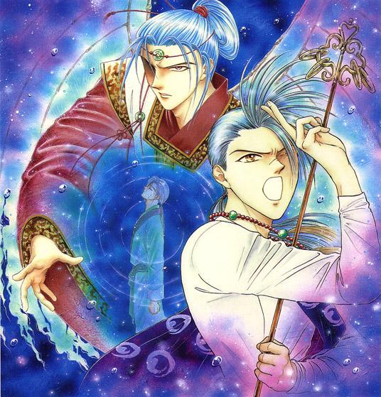 chichiri, chichiri (fushigi yuugi), fushigi yuugi, silver hair, 1990s (style), 2boys, :o, brown eyes, cloak, eyepatch, hikou, long sleeves, looking at viewer, male focus, multiple boys, open mouth, spiked hair, spread fingers, staff, upper body, wand, yellow eyes