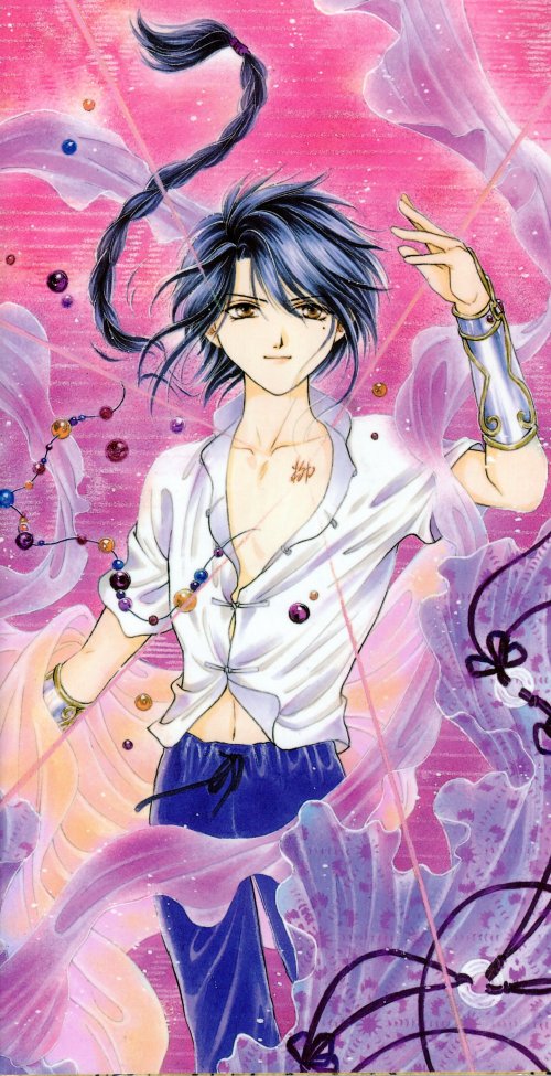 nuriko, nuriko (fushigi yuugi), fushigi yuugi, 1990s (style), 1boy, beads, bracer, braid, male focus, mole, mole under eye, retro artstyle, solo, trap