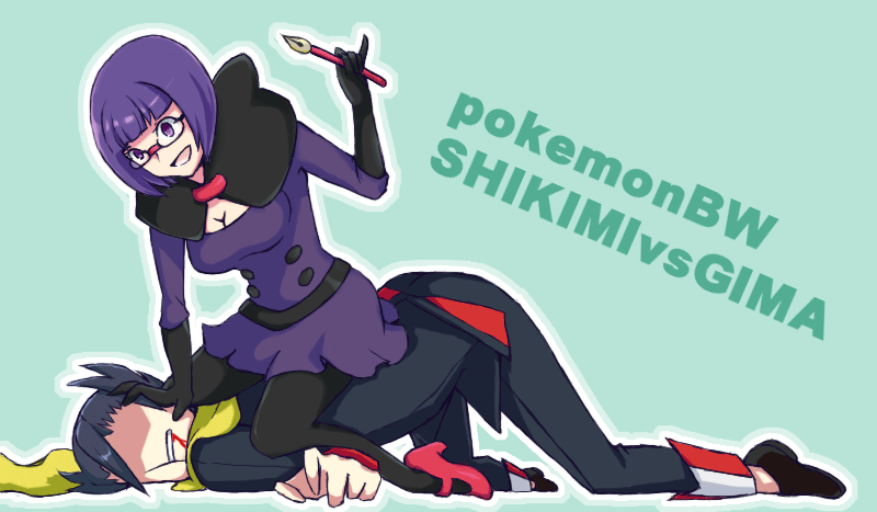 te (artist), grimsley (pokemon), shauntal (pokemon), nintendo, pokemon, pokemon bw, 1boy, 1girl, black hair, black shoes, bleeding, blood, blue coat, blue pants, blunt bangs, bob cut, breasts, cleavage, coat, elbow gloves, formal clothes, glasses, gloves, hair between eyes, hand on another's back, holding, holding pen, long sleeves, low-cut, mary janes, medium breasts, neck pillow, open mouth, pants, pantyhose, pen, pointy hair, purple hair, purple skirt, rimless eyewear, round eyewear, scarf, shoes, short hair, skirt, smile, spiked hair, tailcoat, yellow scarf