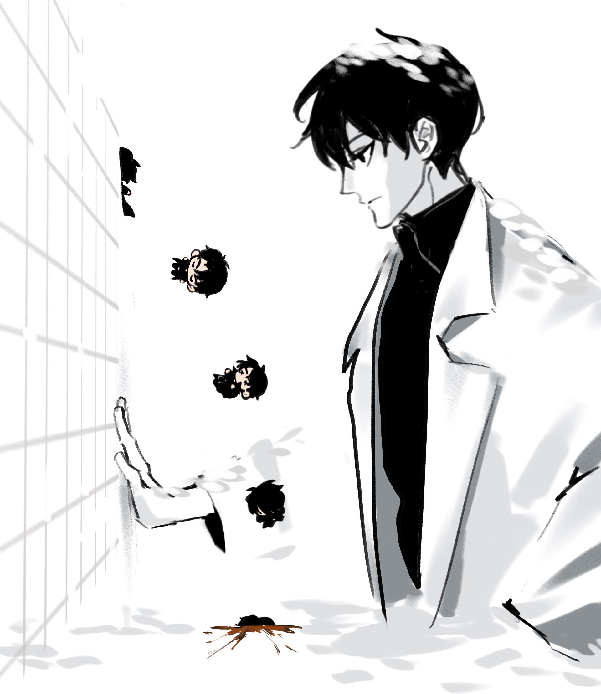 mrjieshisu, kim dokja, yoo joonghyuk, omniscient reader's viewpoint, highres, black eyes, black hair, black shirt, blood, blood splatter, building, character doll, coat, collared shirt, corpse, dappled sunlight, death, doll, falling, giant, hand on window, jumping, mini person, miniboy, open clothes, open coat, shirt, short hair, skyscraper, suicide, sunlight, white coat, x x