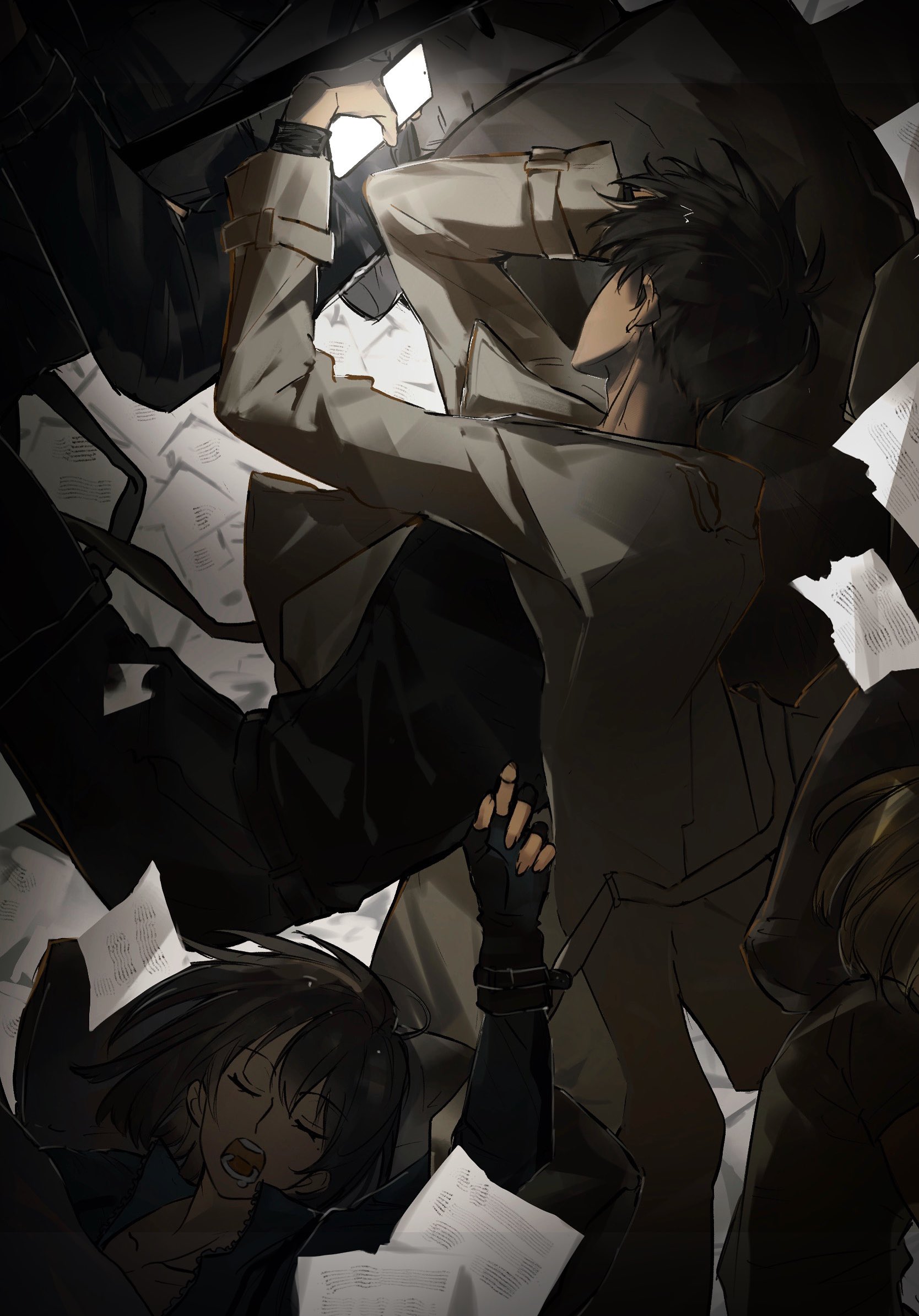 mrjieshisu, han sooyoung, kim dokja, omniscient reader's viewpoint, highres, 1boy, 1girl, black coat, black gloves, black hair, bob cut, closed eyes, coat, curled up, fingerless gloves, from above, gloves, glowing, hand up, holding, holding phone, looking at phone, lying, messy hair, on back, on pillow, open mouth, paper, phone, reading, scratching head, short hair, sleeping, snoring, too many papers, white coat