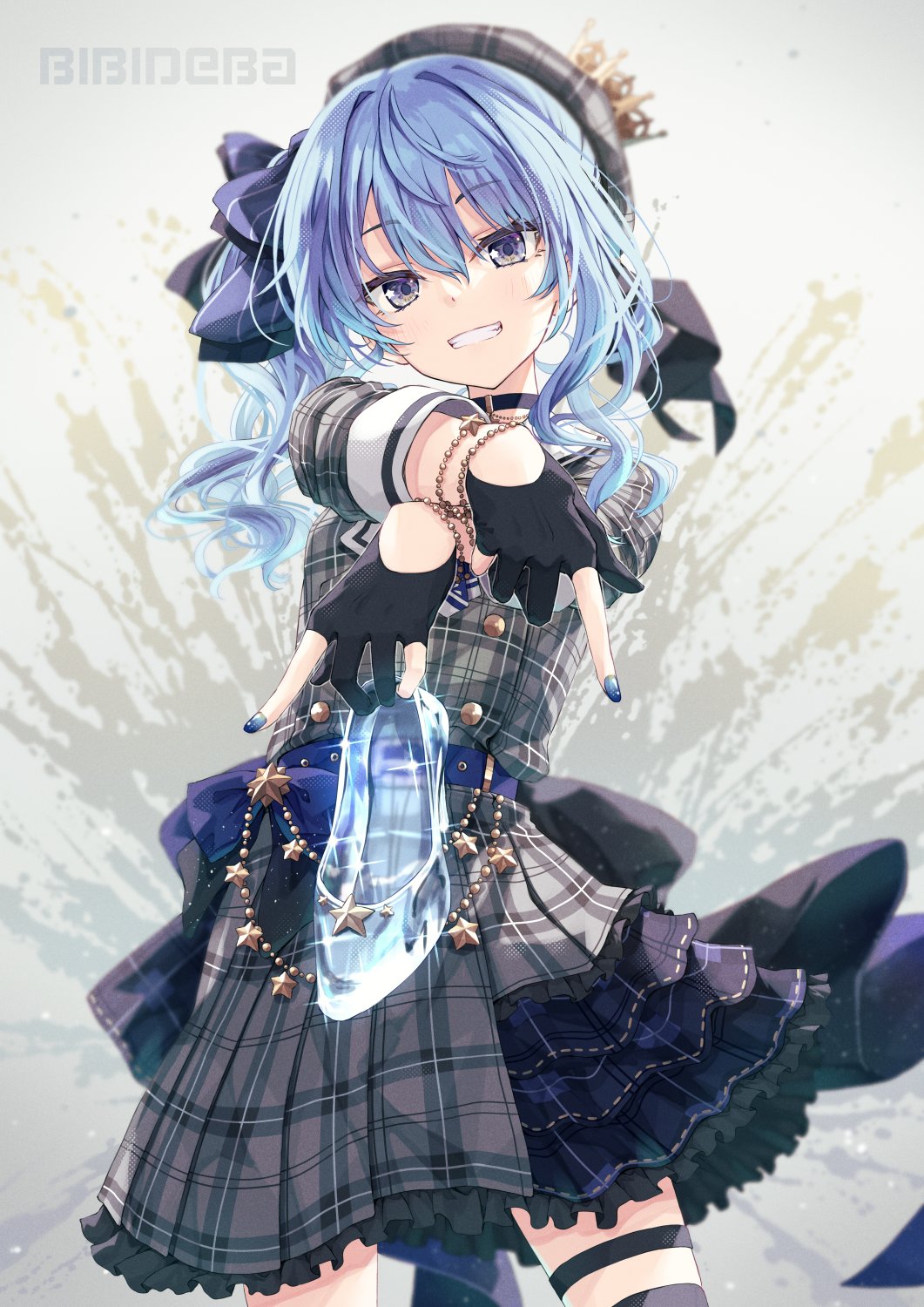 flask (pandora), hoshimachi suisei, hololive, 1girl, black gloves, blue hair, crossed arms, gloves, hat, partially fingerless gloves, solo, thigh strap, virtual youtuber