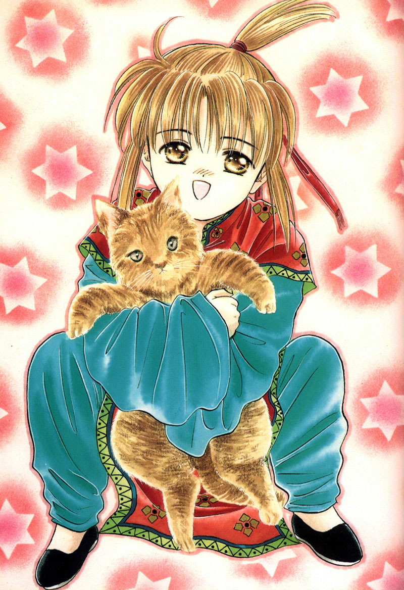 chiriko, watase yuu, chiriko (fushigi yuugi), fushigi yuugi, 1990s (style), 1boy, :d, animal, blush, brown eyes, brown hair, cat, chinese clothes, flats, fringe trim, full body, hair ribbon, hug, long hair, long sleeves, looking at viewer, male focus, open mouth, pants, ponytail, red ribbon, retro artstyle, ribbon, sidelocks, smile, solo, star (symbol), star symbol background, tabard, wide sleeves