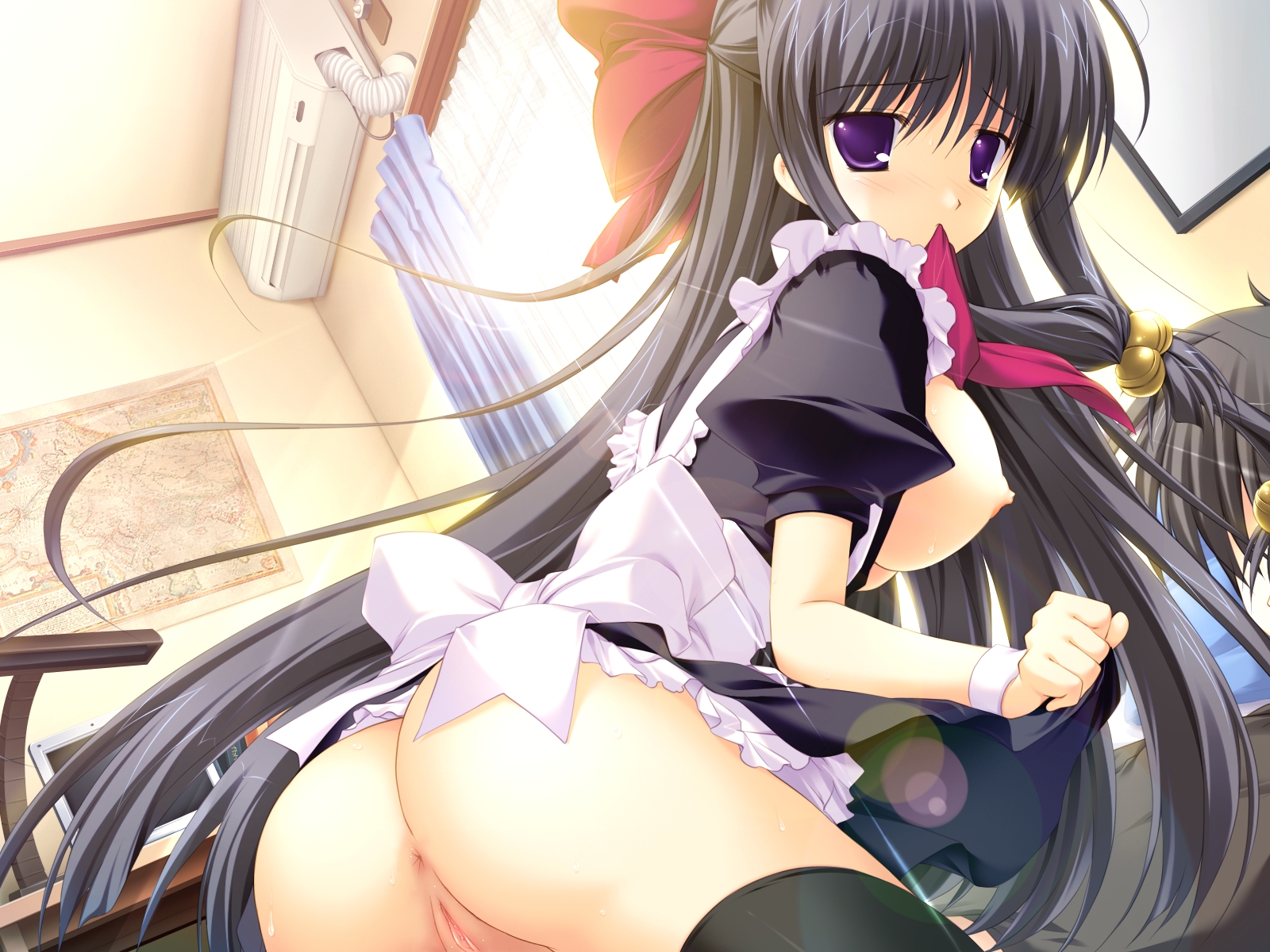 mikeou, tsukimiya kaede, lyrical ds, miraroma, game cg, highres, 1girl, anus, ass, black hair, black thighhighs, blush, breasts, clothes lift, female focus, from behind, large breasts, long hair, looking back, maid, mouth hold, nipples, no bra, no panties, purple eyes, pussy, skirt, skirt lift, solo, thighhighs, uncensored