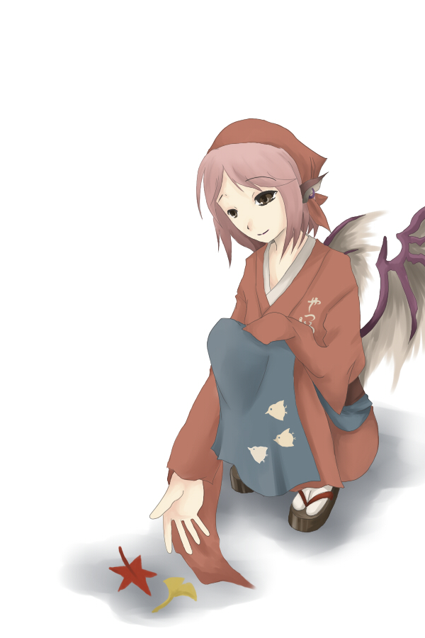 say (pixiv146348), mystia lorelei, okamisty, touhou, 1girl, autumn, brown eyes, female focus, japanese clothes, leaf, pink hair, sandals, short hair, solo, squatting, wings, zouri