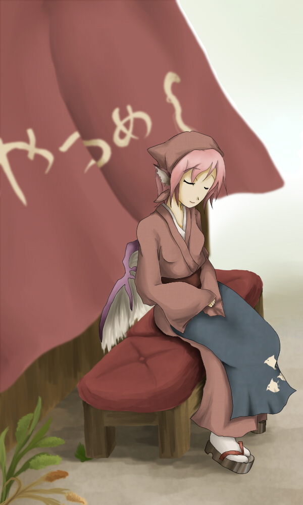 say (pixiv146348), mystia lorelei, okamisty, touhou, 1girl, female focus, japanese clothes, pink hair, sandals, sleeping, solo, wings, zouri