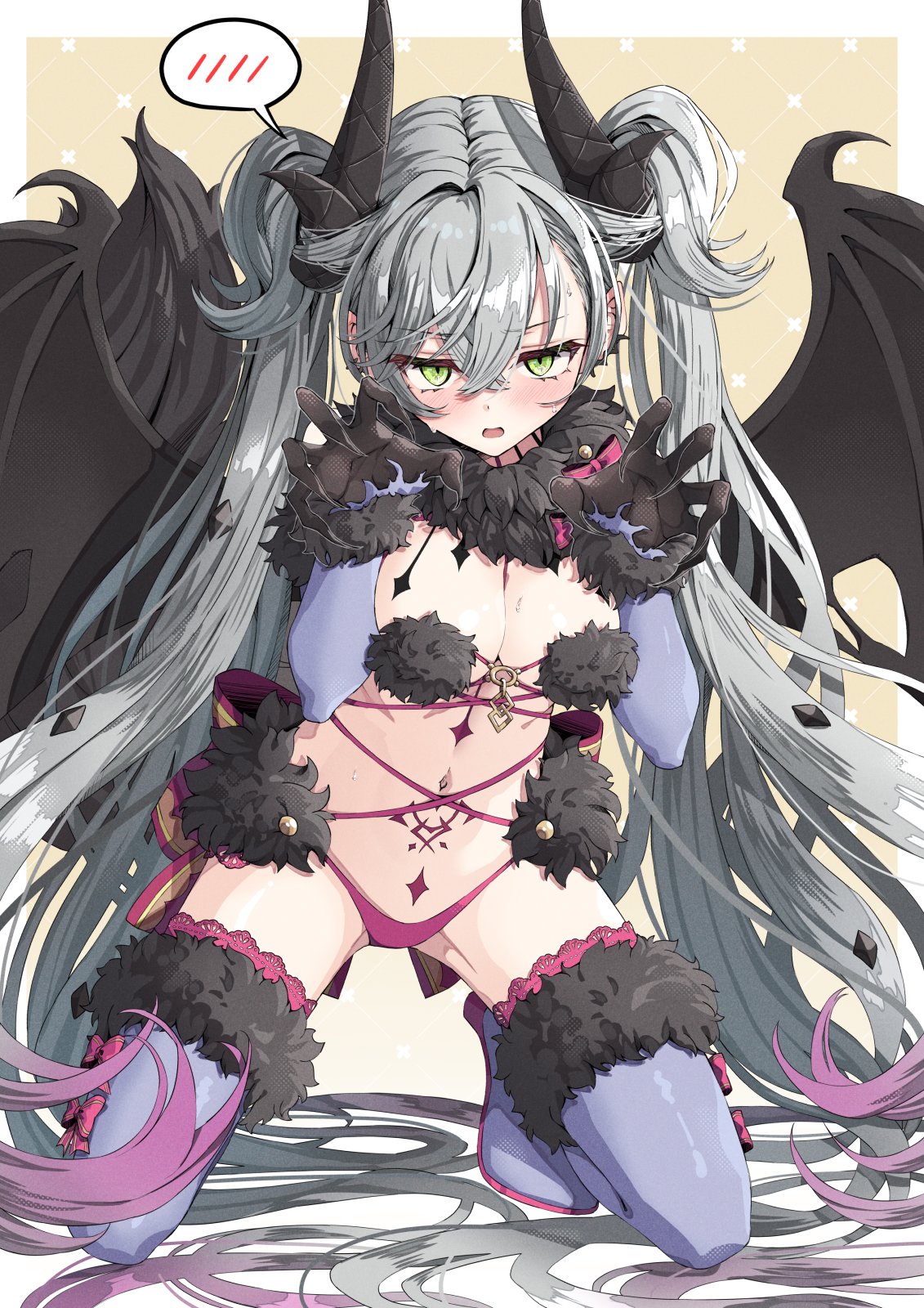 flask (pandora), original, 1girl, absurdly long hair, claw pose, fingernails, green eyes, horns, kneeling, long hair, navel, pubic tattoo, sharp fingernails, solo, tattoo, thighhighs, twintails, very long hair, wings