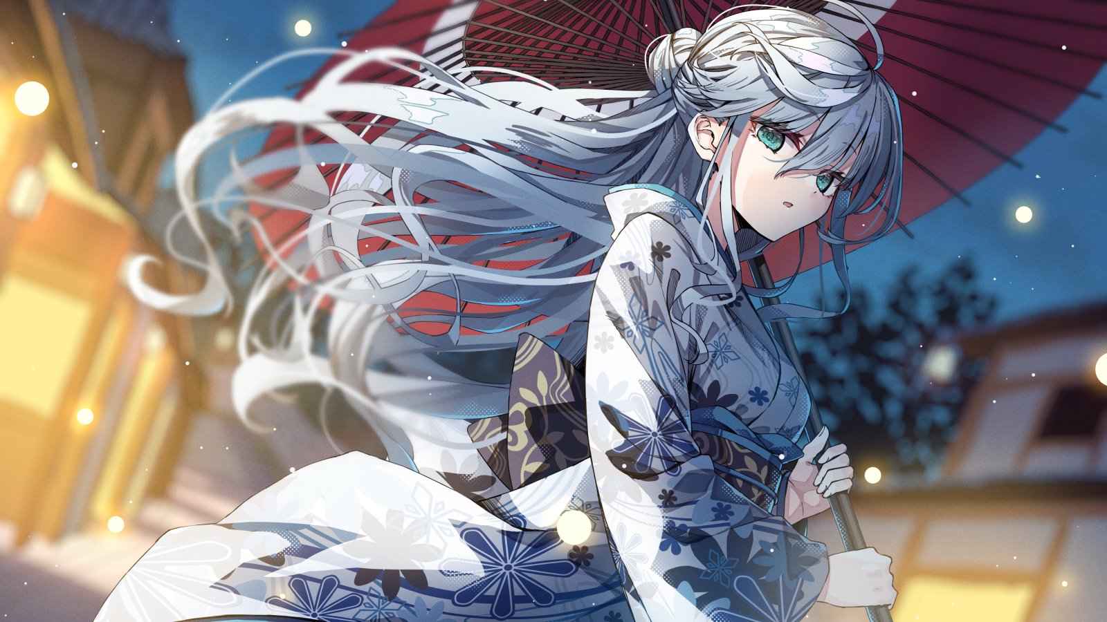 flask (pandora), original, 1girl, blurry, blurry background, green eyes, hair bun, house, japanese clothes, kimono, long hair, night, parasol, solo, town, umbrella, yukata