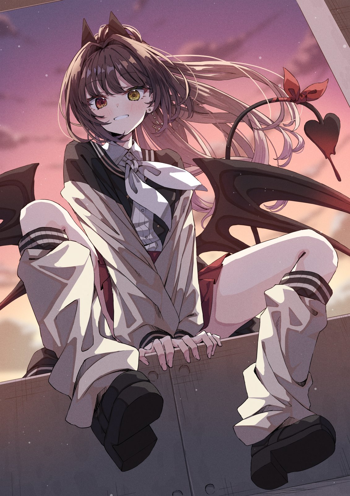 flask (pandora), original, 1girl, brown hair, earrings, facing viewer, heterochromia, jewelry, school uniform, sitting, solo, tail, wings