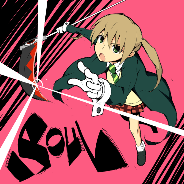 eddi, maka albarn, soul evans, soul eater, 00s, 1girl, :o, black shoes, brown hair, coat, collared shirt, female focus, foreshortening, from above, full body, gloves, green eyes, holding, holding weapon, long sleeves, looking at viewer, looking up, miniskirt, necktie, open mouth, plaid clothes, plaid skirt, pleated skirt, red skirt, scythe, shirt, shoes, skirt, solo, striped necktie, sweater, twintails, weapon, white gloves, white shirt