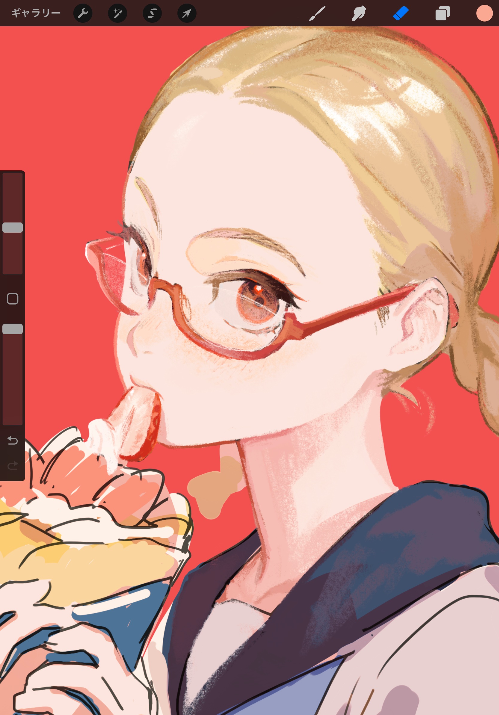 mossan351, kisaragi tomi, juusan kihei bouei ken, commentary request, highres, unfinished, 1girl, art program in frame, blonde hair, braid, crepe, eyelashes, food, food in mouth, fruit, glasses, holding, holding crepe, holding food, looking at viewer, parted hair, red-framed eyewear, red background, school uniform, semi-rimless eyewear, serafuku, solo, strawberry, strawberry slice, twin braids, upper body