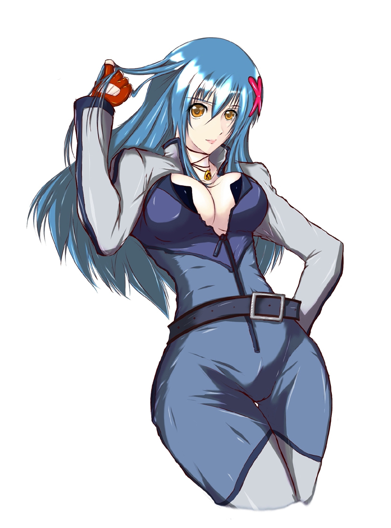 dx9870, ruo minai, shikabane hime, 1girl, adjusting hair, belt, blue hair, bodysuit, breasts, cleavage, female focus, gloves, hair ornament, hairclip, jewelry, large breasts, long hair, necklace, open clothes, simple background, skin tight, solo, yellow eyes