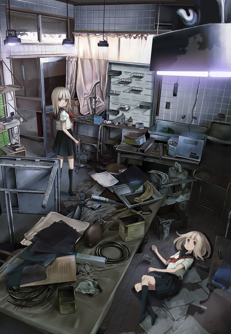 kacchuu, kahama youko, original, messy, artist collaboration, bad id, bad pixiv id, 2girls, albino, blonde hair, curtains, hospital, kneehighs, looking back, looking up, lying, multiple girls, no shoes, papers, pleated skirt, red eyes, school uniform, serafuku, short hair, siblings, sisters, skirt, socks, twins, white hair