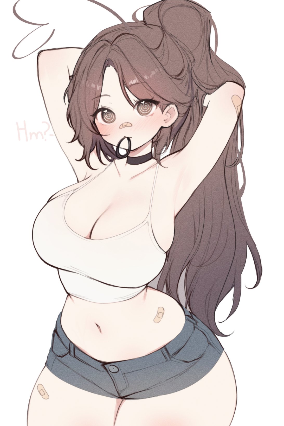 sky above me, sky above me (vtuber), indie virtual youtuber, commentary, english commentary, highres, 1girl, @ @, ahoge, armpits, arms behind head, arms up, bandaid, bandaid on arm, bandaid on face, bandaid on nose, bandaid on stomach, bandaid on thigh, black choker, blue shorts, blush, breasts, brown eyes, brown hair, choker, cleavage, closed mouth, collarbone, hair tie in mouth, heart, heart ahoge, heart in eye, high ponytail, large breasts, long hair, looking at viewer, mouth hold, navel, parted bangs, ponytail, shorts, simple background, solo, stomach, symbol in eye, tank top, thighs, virtual youtuber, white background, white tank top