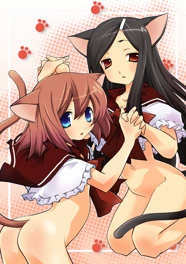 hermmy, original, animal ears, ass, black hair, blue eyes, bottomless, brown eyes, brown hair, hair ornament, hairclip, holding hands, long hair, short hair, tail, yuri