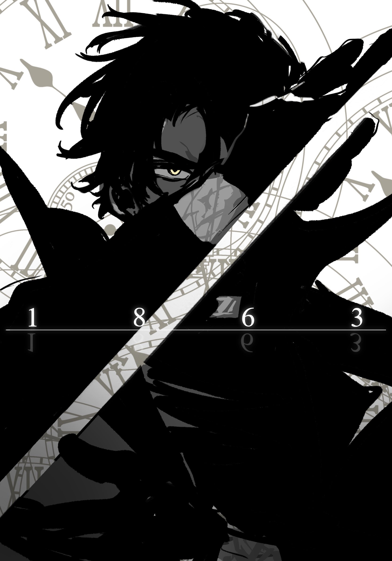 mrjieshisu, yoo joonghyuk, omniscient reader's viewpoint, highres, 1boy, black coat, black gloves, black hair, coat, gears, gloves, glowing, glowing eye, greyscale, holding, holding sword, holding weapon, looking at viewer, male focus, messy hair, monochrome, numbered, one eye covered, open clothes, open coat, pocket watch, popped collar, reflection, roman numeral, serious, short hair, solo, sword, watch, weapon, yellow eyes