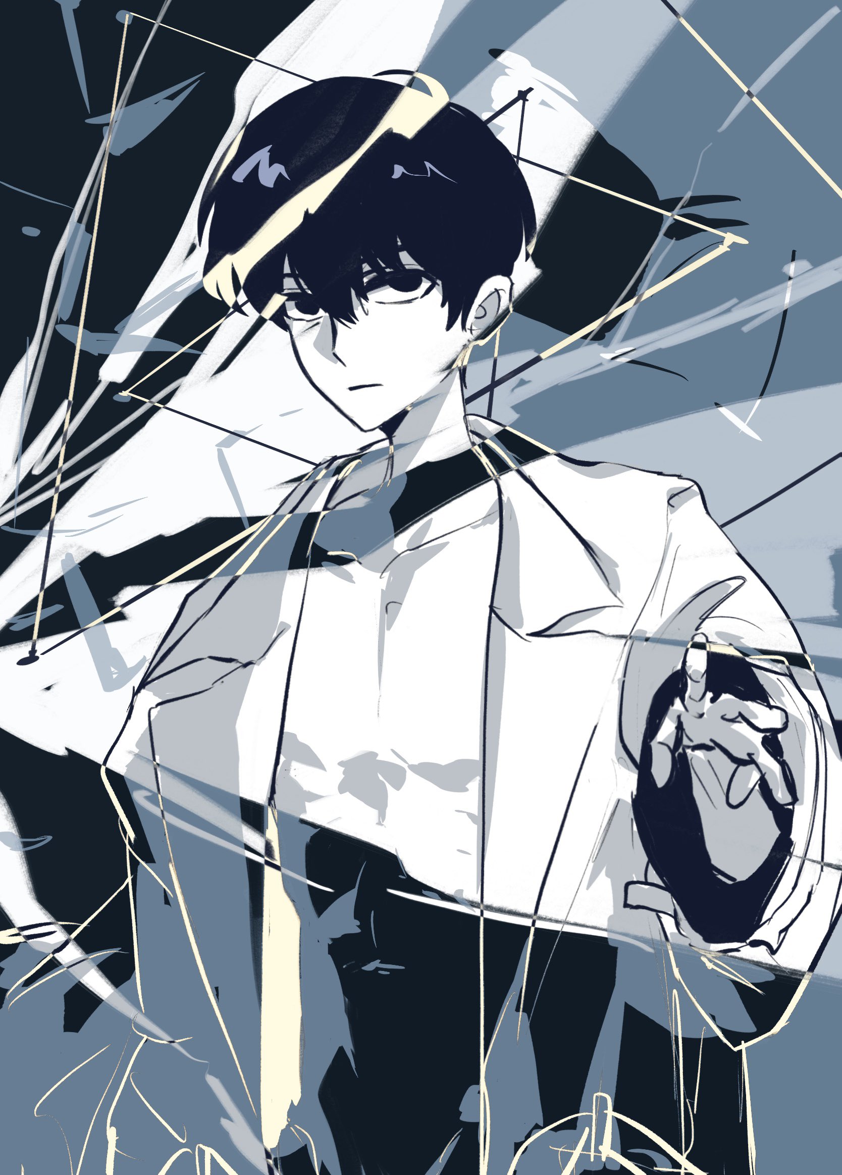 mrjieshisu, kim dokja, omniscient reader's viewpoint, highres, 1boy, bad anatomy, bad hands, black eyes, black hair, broken glass, coat, cowboy shot, exhausted, glass, looking at viewer, male focus, open clothes, open coat, popped collar, revealing layer, shirt, short hair, solo, white coat, white shirt