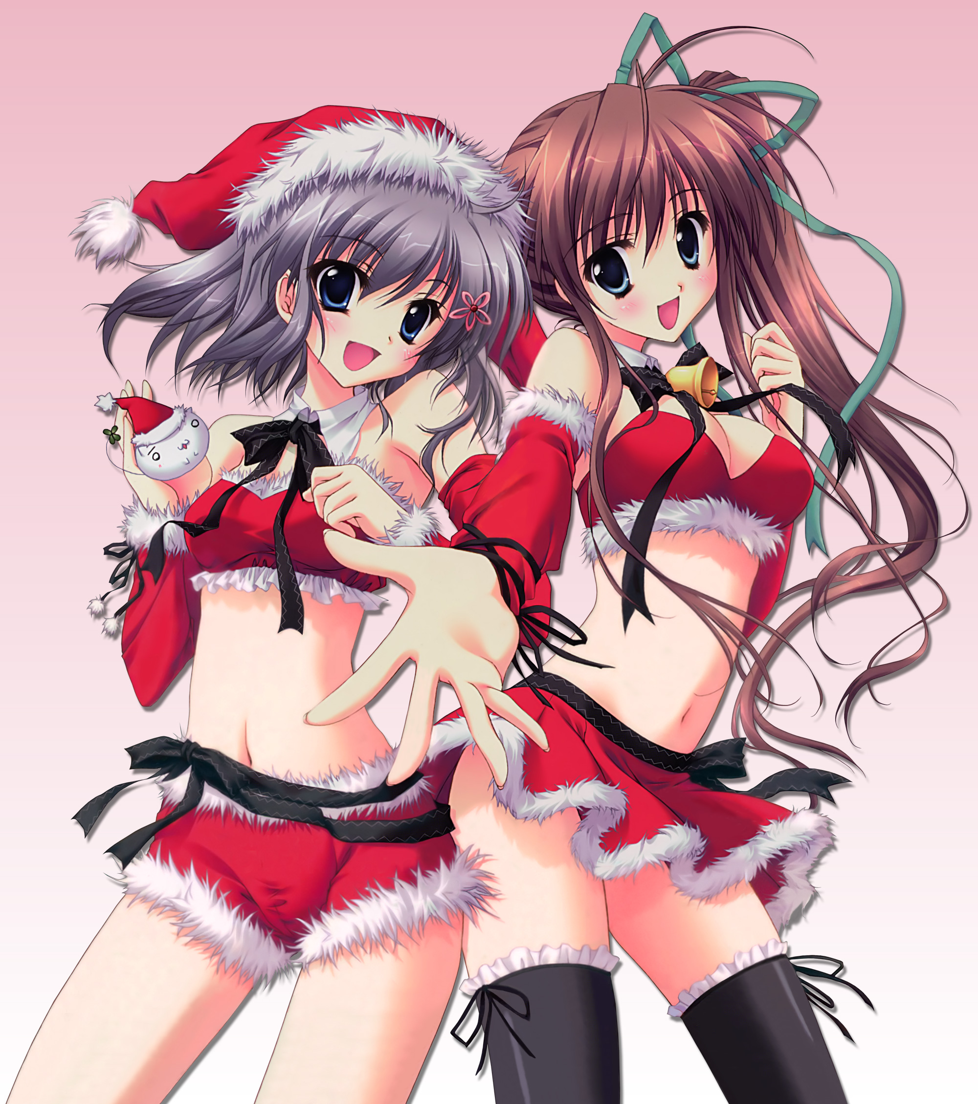 izumi tsubasu, ryouka (suzuya), katagiri yuuhi, nagase minato, akane-iro ni somaru saka, artist collaboration, highres, 2girls, bell, blush, breasts, brown hair, bustier, cameltoe, christmas, cleavage, detached sleeves, grey hair, hat, lingerie, long hair, midriff, multiple girls, navel, open mouth, ribbon, santa costume, santa hat, short shorts, shorts, simple background, skirt, smile, thighhighs, underwear