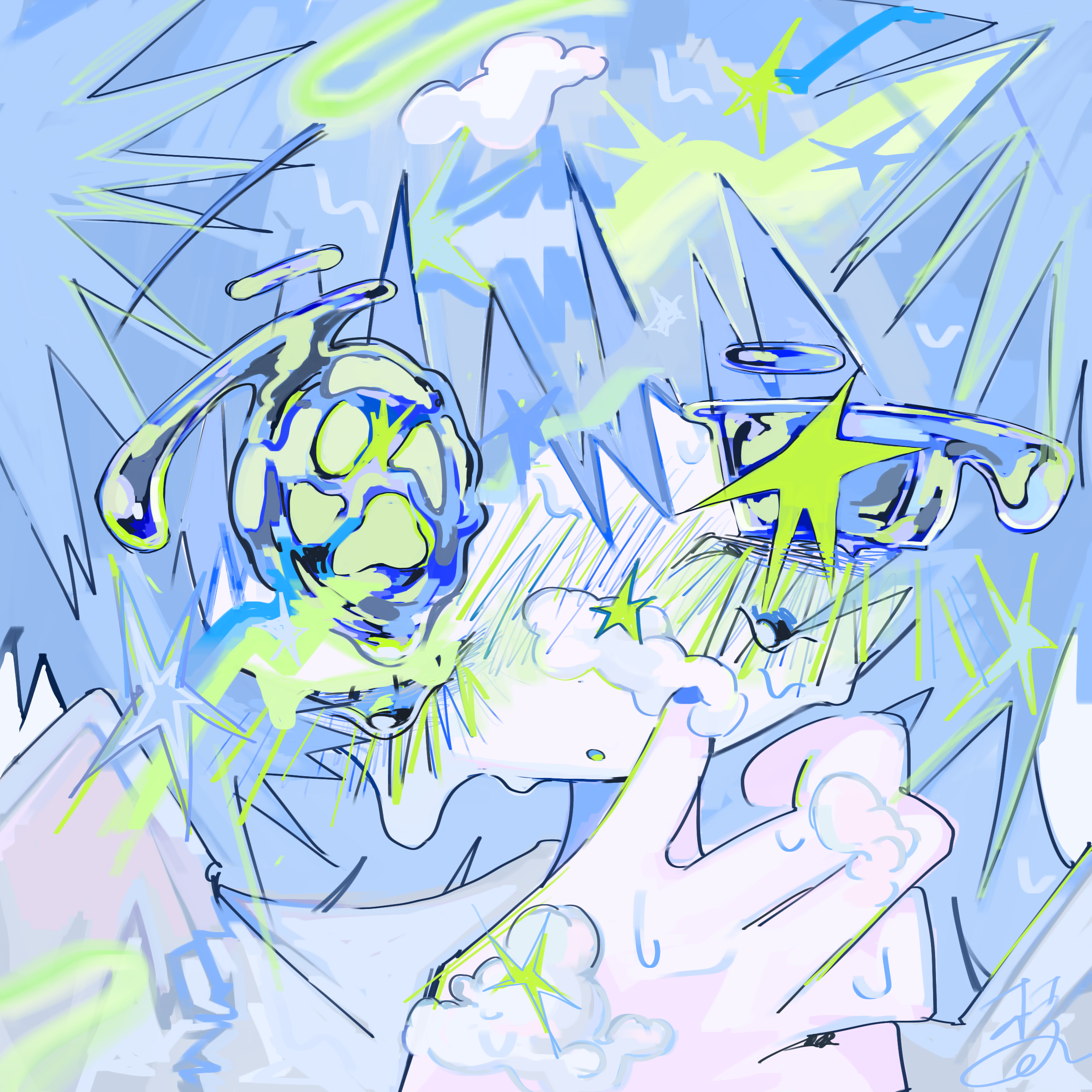 edanoma meu, original, absurdres, commentary, highres, symbol-only commentary, 1girl, blue eyes, blue hair, half-closed eye, hand up, portrait, solo, star (symbol), tears
