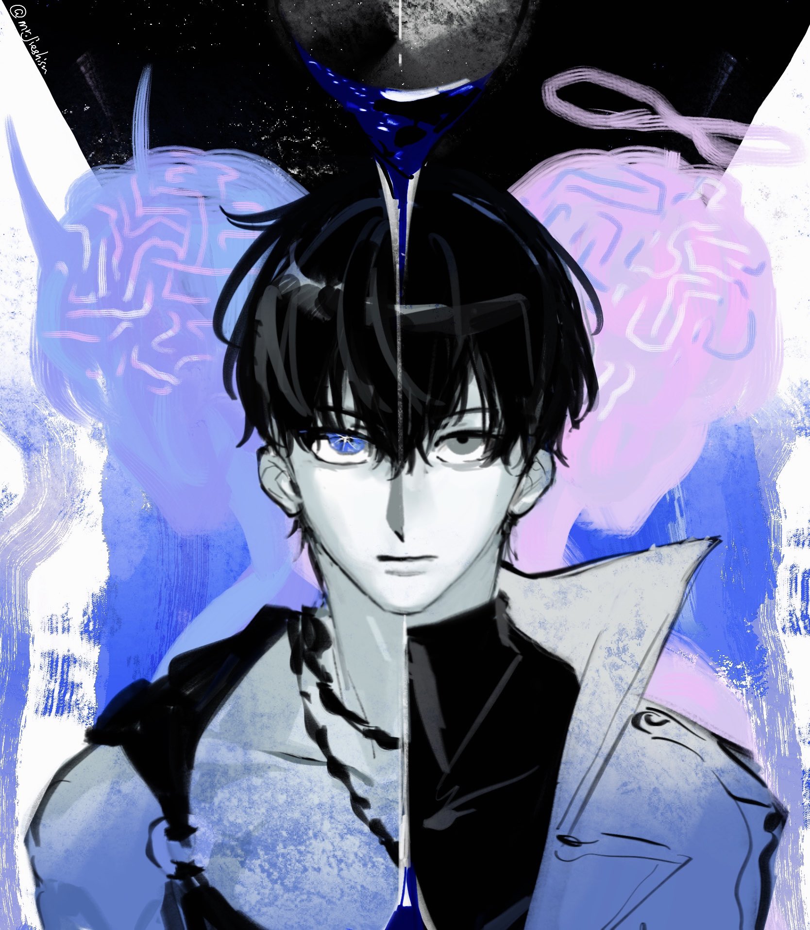 mrjieshisu, kim dokja, omniscient reader's viewpoint, highres, 1boy, angel and devil, bisected, black eyes, black robe, black shirt, bleeding, blood, blue blood, blue eyes, brain, coat, demon horns, different shadow, dual persona, halo, heterochromia, horns, infinity symbol, looking at viewer, popped collar, robe, shirt, upper body, white coat