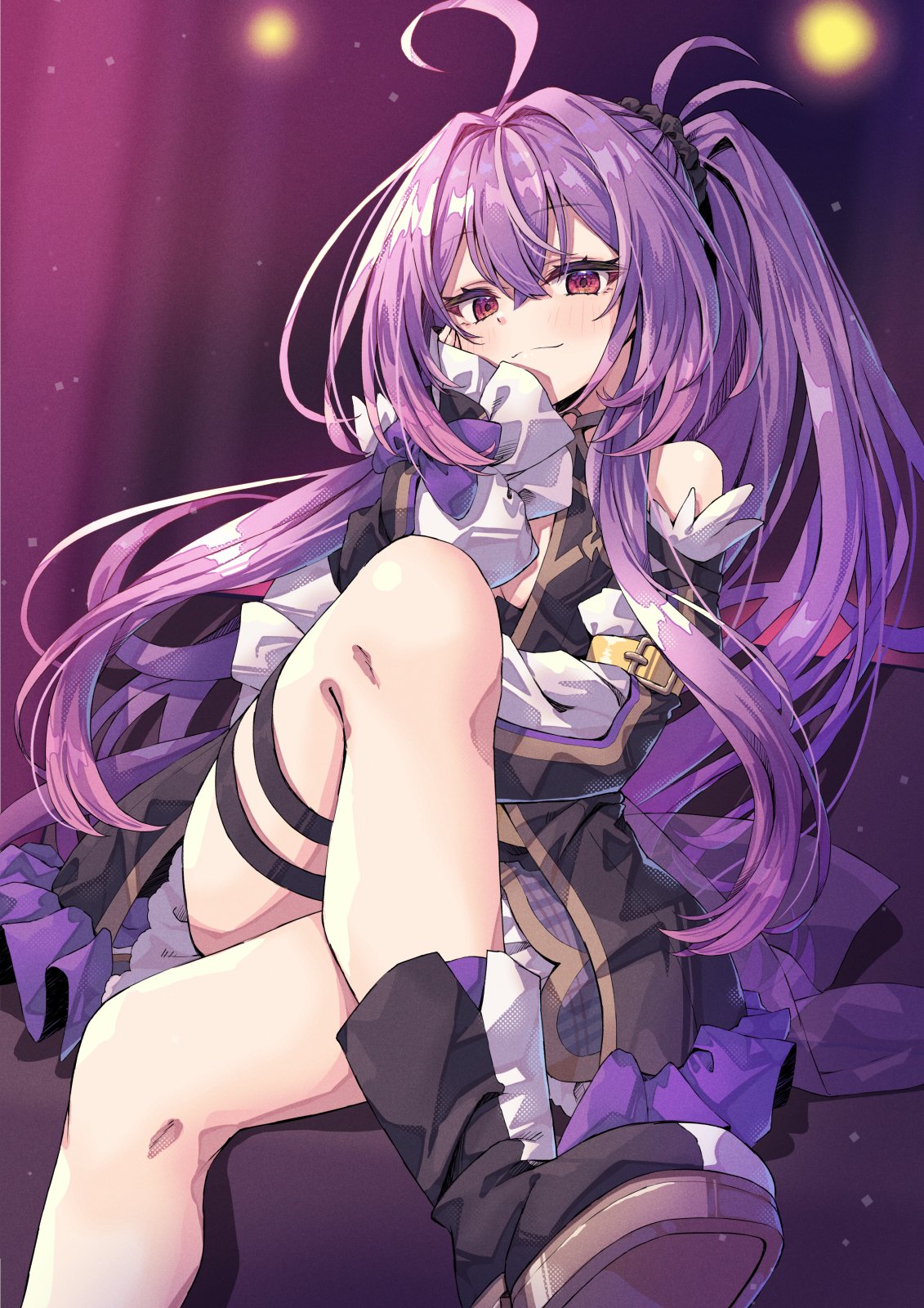 flask (pandora), original, commission, 1girl, crossed legs, purple hair, sitting, solo, thigh strap