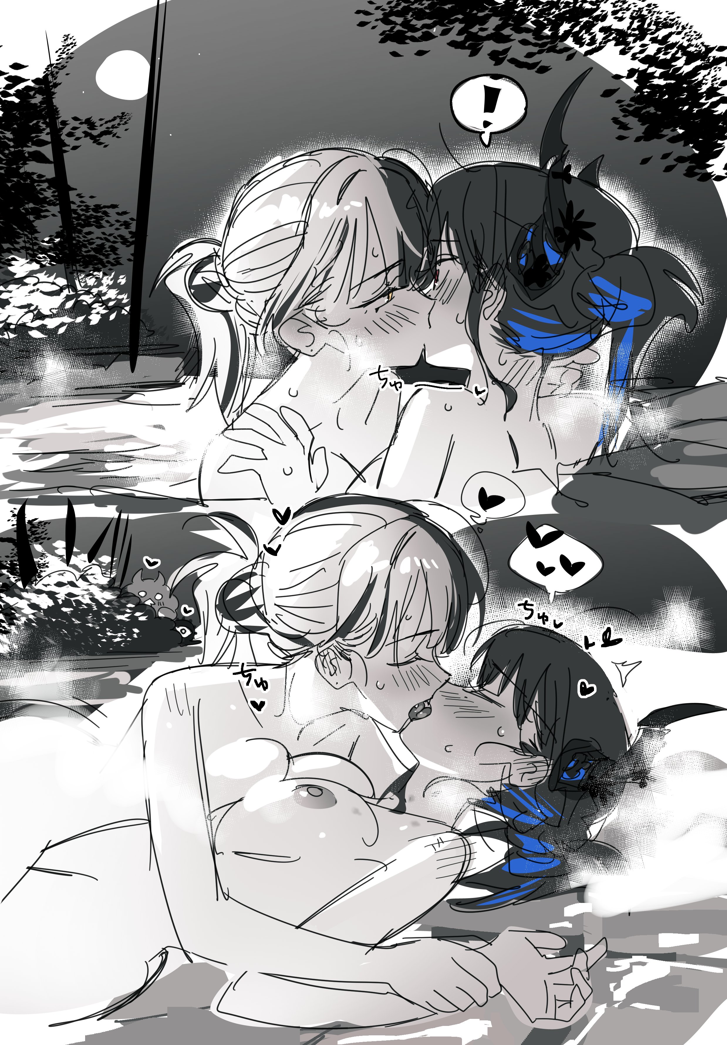 yomosaka, nerissa ravencroft, shiori novella, hololive, 2girls, closed eyes, french kiss, kiss, lying, multiple girls, nude, onsen, virtual youtuber, yuri