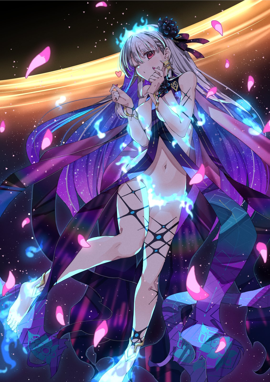 flask (pandora), fate/grand order, fate (series), character request, commission, skeb commission, 1girl, barefoot, cape, heart, heart hands, long hair, navel, one eye closed, very long hair