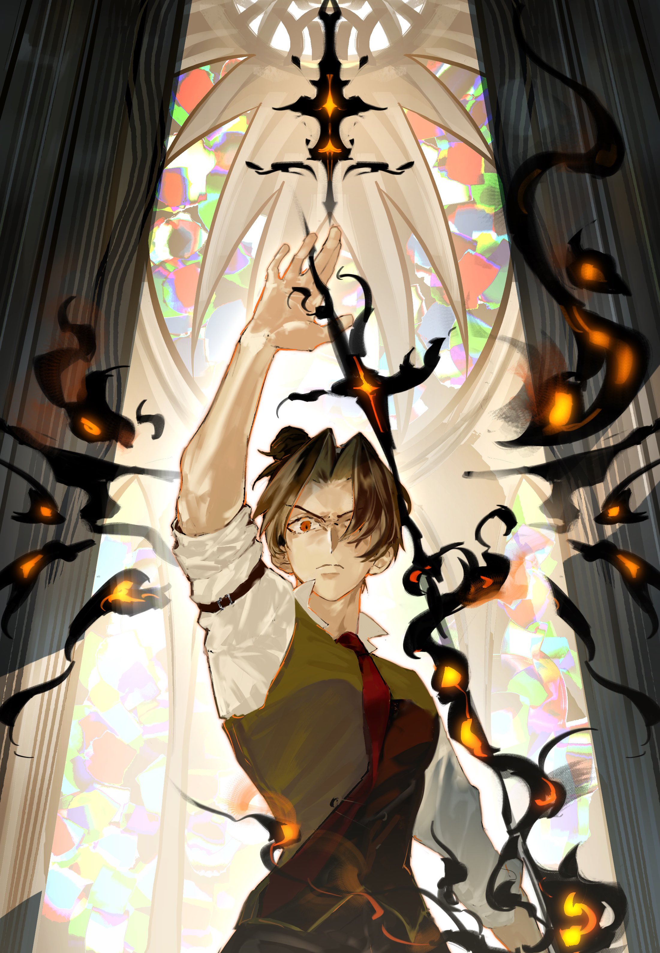 mrjieshisu, lee jihye, omniscient reader's viewpoint, absurdres, highres, >:(, 1girl, angry, arm belt, arm up, backlighting, black hair, brown vest, column, curtained hair, fire, high ponytail, holding, holding sword, holding weapon, indoors, looking at viewer, muscular, muscular female, necktie, pillar, ponytail, red eyes, red necktie, serious, shirt, sleeves rolled up, stained glass, summoning, swirl, sword, upper body, v-shaped eyebrows, vest, weapon, white shirt