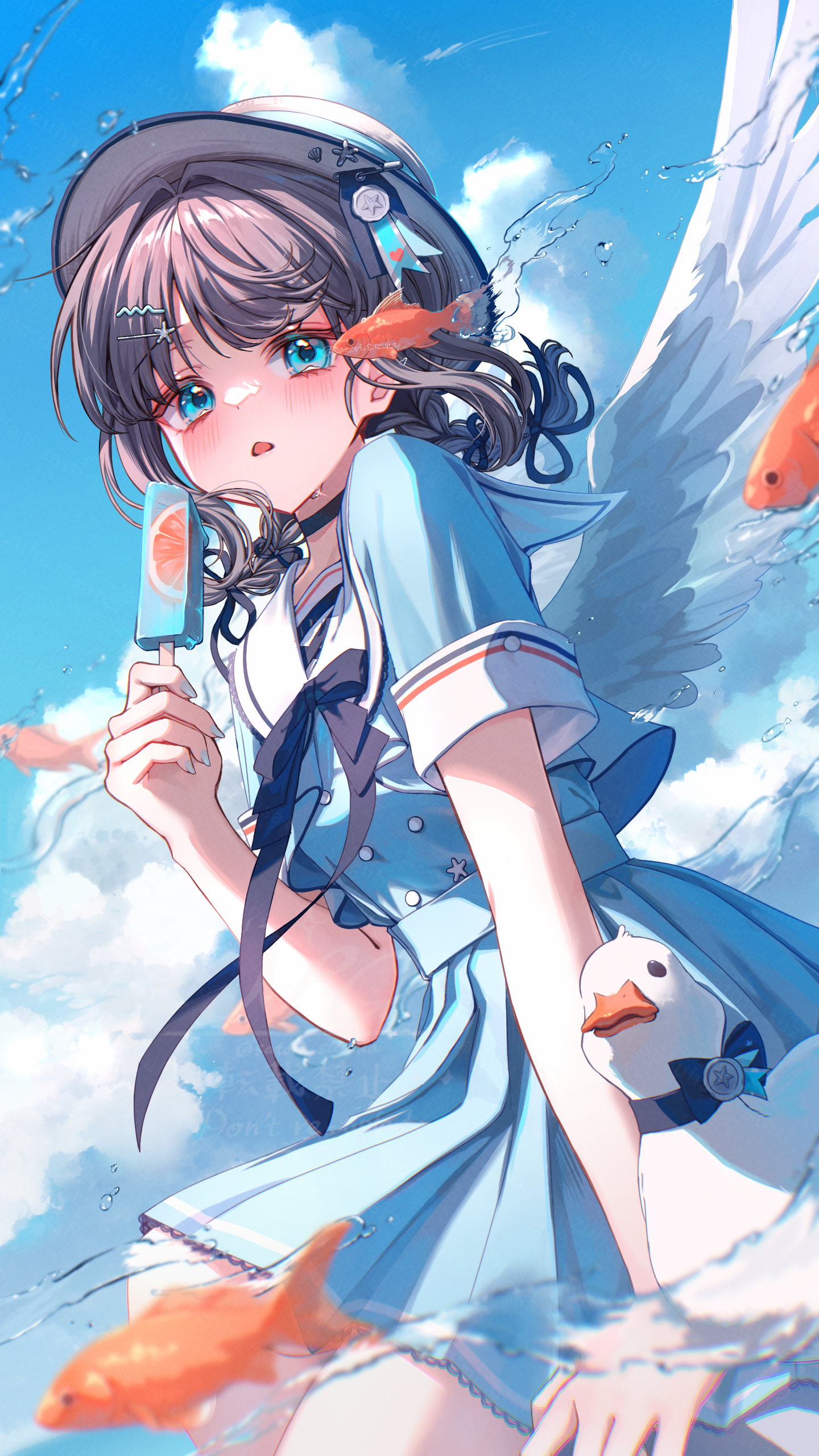 satori suzuha, original, absurdres, commentary request, highres, 1girl, arm at side, artist name, bird, black bow, black choker, black ribbon, blue serafuku, blue shirt, blue skirt, blush, bow, braid, choker, cowboy shot, day, duck, fish, flying fish, food, goldfish, grey hair, hair intakes, hair ornament, hair ribbon, hairclip, hand up, hat, hat ornament, holding, holding food, holding popsicle, looking at viewer, looking to the side, medium hair, outdoors, parted lips, pleated skirt, popsicle, ribbon, school uniform, serafuku, shirt, short sleeves, skirt, solo, starfish hair ornament, water, water drop, white shirt