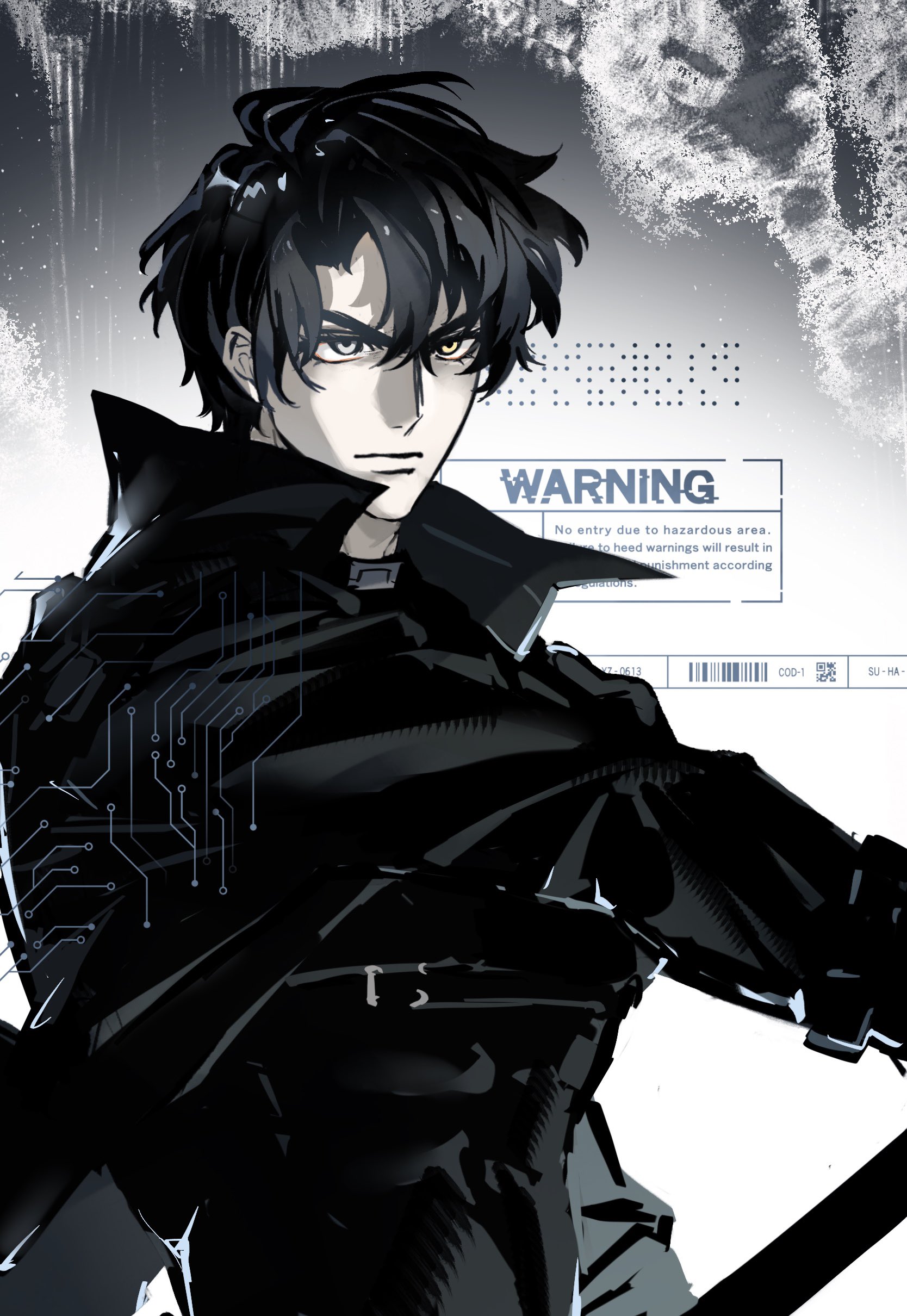 mrjieshisu, yoo joonghyuk, omniscient reader's viewpoint, absurdres, highres, 1boy, :|, abs, black coat, black hair, black shirt, circuit board print, closed mouth, coat, crew neck, curtained hair, grey eyes, heterochromia, holding, holding sword, holding weapon, holographic interface, looking at viewer, male focus, open clothes, open coat, popped collar, serious, sheath, shirt, short hair, solo, sword, toned, toned male, unsheathing, weapon, yellow eyes