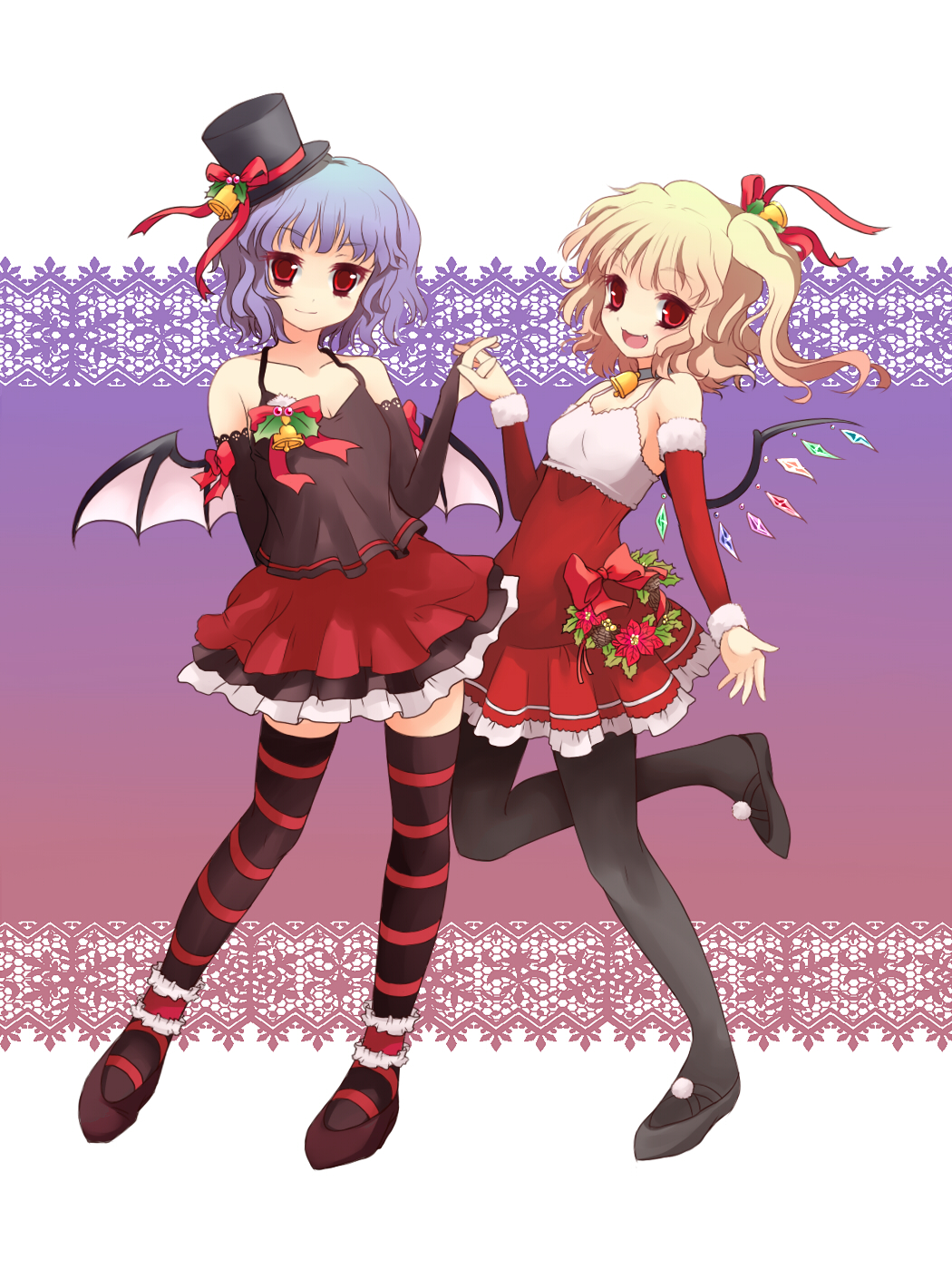 uruu gekka, flandre scarlet, remilia scarlet, touhou, striped legwear, highres, 2girls, alternate costume, arms behind back, ballet slippers, bare shoulders, bat wings, bell, blonde hair, blue hair, choker, christmas, collar, fang, female focus, hat, holding hands, jingle bell, mini hat, mini top hat, multiple girls, neck bell, pantyhose, red eyes, ribbon, short hair, siblings, side ponytail, sisters, socks, striped clothes, striped thighhighs, thighhighs, top hat, wings