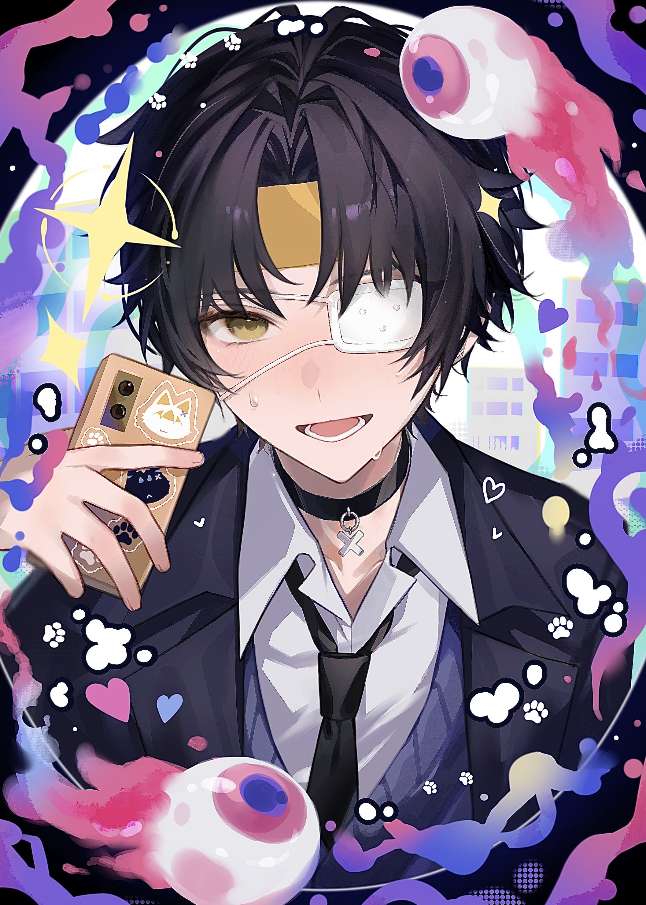 asuma up, asaba harumasa, monitoring (vocaloid), zenless zone zero, absurdres, commentary request, highres, 1boy, black coat, black hair, black necktie, blue sweater, blush, building, cellphone, choker, coat, collarbone, earrings, eyeball, eyepatch, head tilt, headband, heart, holding, holding phone, jewelry, looking at viewer, lower teeth only, male focus, necktie, open mouth, parted bangs, paw print, phone, shirt, short hair, solo, sparkle, sticker, sweat, sweater, teeth, tongue, upper body, white shirt, yellow eyes, yellow headband