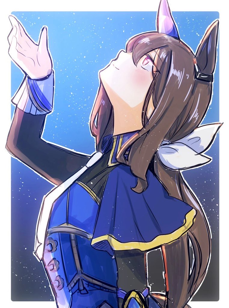 namatyoco, admire vega (starry nocturne) (umamusume), admire vega (umamusume), umamusume, 1girl, animal ears, black sleeves, blue dress, blush, breasts, brown hair, closed mouth, dress, ear covers, ear ornament, gloves, hair between eyes, horse ears, horse girl, horse tail, long hair, long sleeves, looking up, low ponytail, necktie, ponytail, purple eyes, single ear cover, smile, solo, tail, upper body, white gloves, white necktie