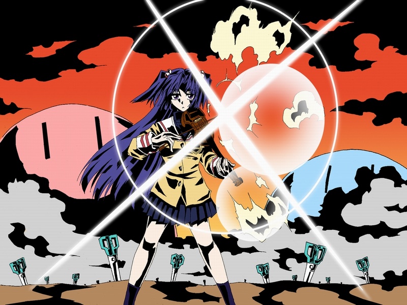 dos (james30226), ichinose kotomi, clannad, dango daikazoku, fate/stay night, fate (series), tengen toppa gurren lagann, 1girl, crossover, female focus, hair bobbles, hair ornament, instrument, lens flare, parody, scissors, solo, style parody, two side up, unlimited blade works (reality marble), violin