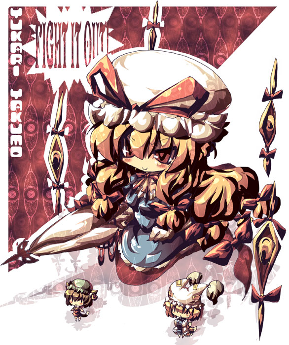 dango mushi, chen, yakumo ran, yakumo yukari, touhou, 3girls, animal hat, blonde hair, chibi, closed umbrella, female focus, full body, hat, long sleeves, mini person, minigirl, mob cap, multiple girls, short hair, simple background, size difference, smile, standing, tassel, umbrella, upper body, white background, wide sleeves