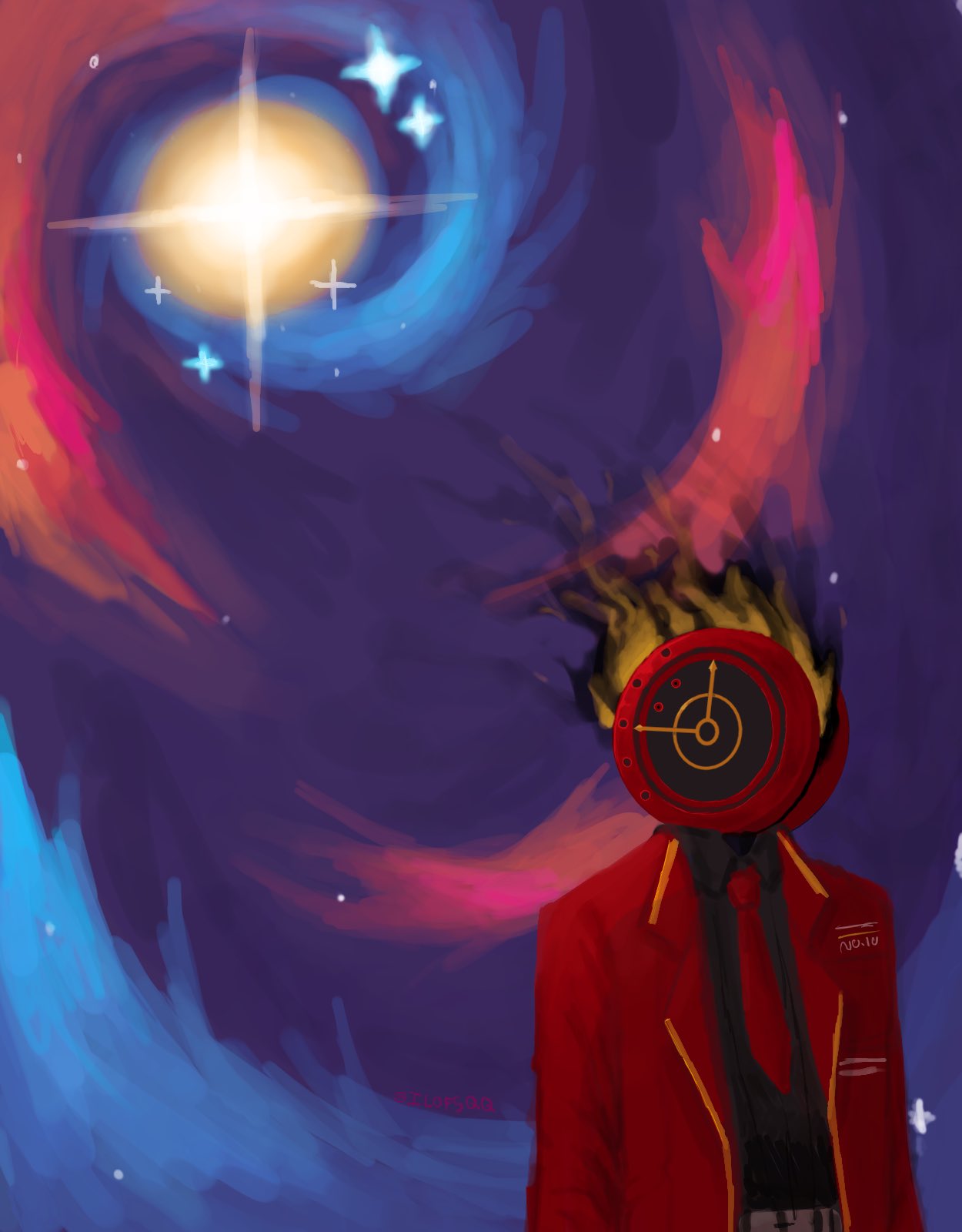 dante (limbus company), limbus company, project moon, highres, 1other, androgynous, belt, black shirt, burning, coat, faceless, galaxy, head tilt, ilofsqq, necktie, prosthetic head, red coat, red necktie, shirt, solo, sparkle, standing, swirl