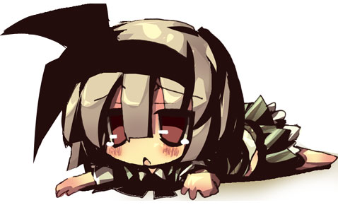 dango mushi, konpaku youmu, touhou, silver hair, lowres, 1girl, :<, barefoot, chibi, female focus, hairband, lying, on stomach, ribbon, sad, short hair, solo, triangle mouth