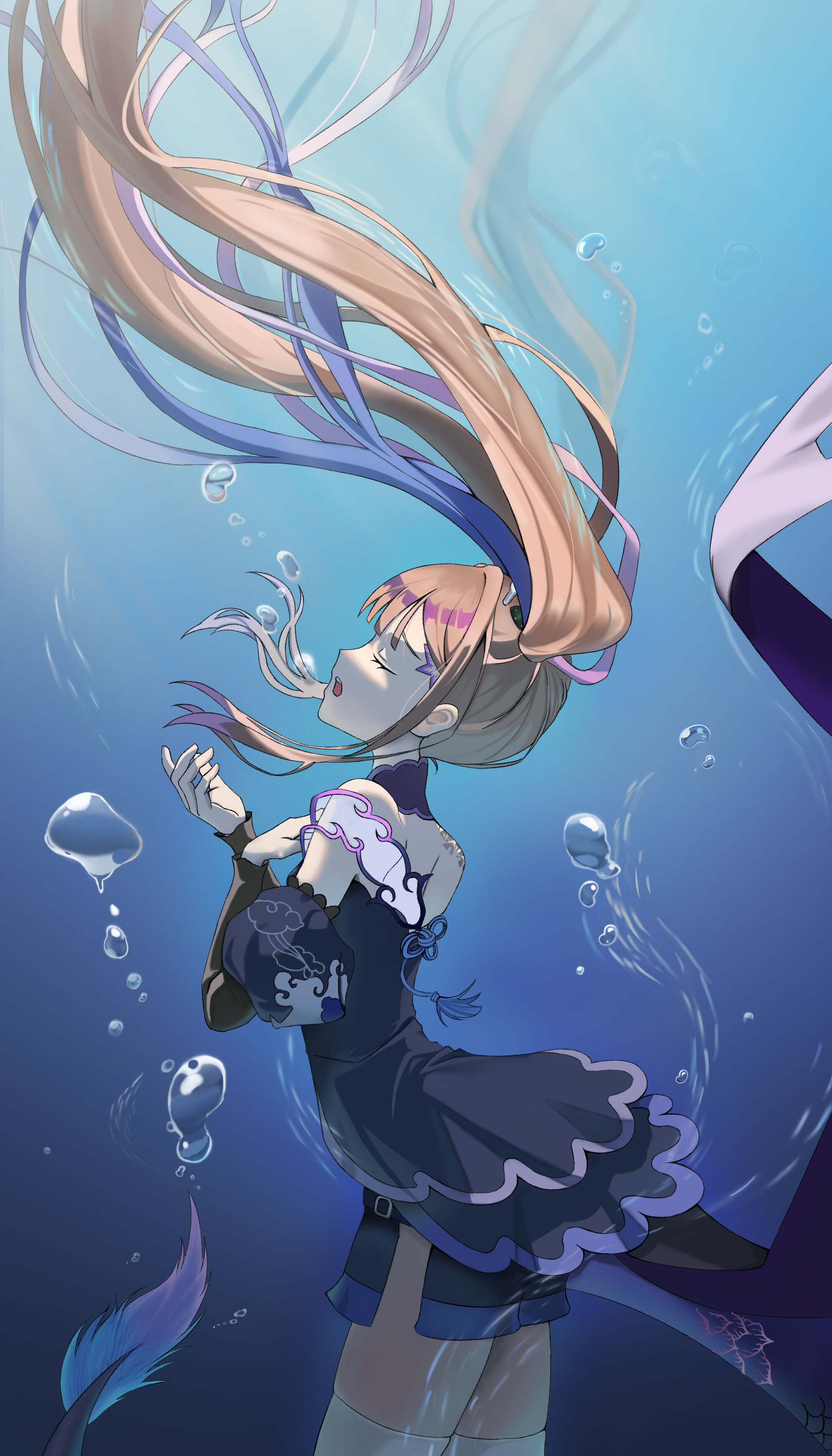 airi kanna, stellive, absurdres, commentary request, highres, korean commentary, 1girl, air bubble, bagjong08317117, blue shirt, blue shorts, brown hair, bubble, closed eyes, cowboy shot, detached sleeves, fins, fish tail, floating hair, from side, hands up, long hair, long sleeves, multicolored hair, open mouth, shirt, short shorts, shorts, sideways mouth, solo, strapless, strapless shirt, tail, underwater, very long hair, virtual youtuber