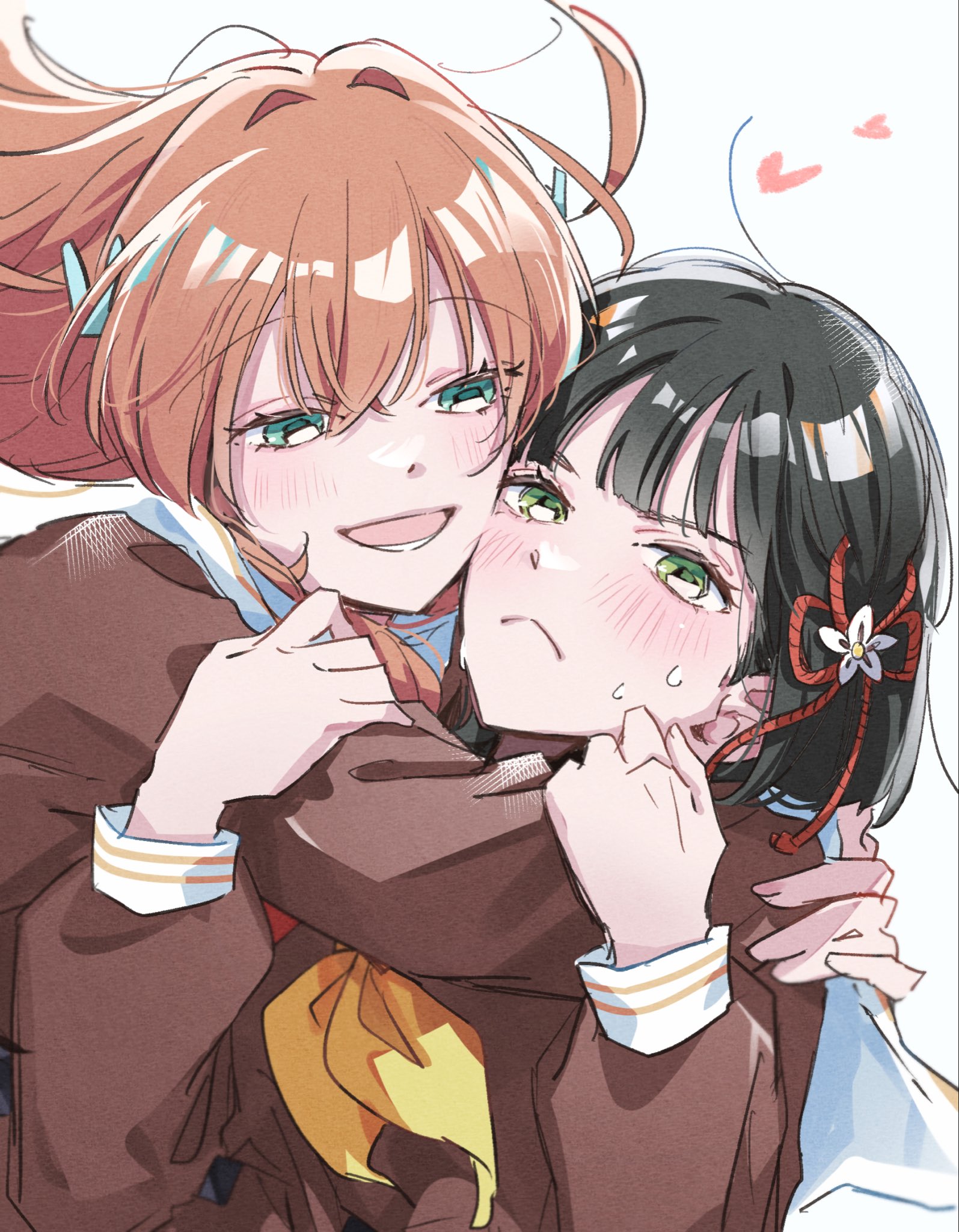 saito shiorii, hinoshita kaho, momose ginko, link! like! love live!, love live!, commentary request, highres, >:(, 2girls, :d, aqua eyes, arms around neck, black hair, blunt bangs, blunt ends, bob cut, brown dress, cerise bouquet, cheek-to-cheek, crossed bangs, dress, floating hair, flower, flower knot, frown, green eyes, hair between eyes, hair flower, hair intakes, hair ornament, half-closed eyes, hands on another's arm, hasu no sora school uniform, heads together, hug, long hair, long sleeves, looking at another, lower teeth only, multiple girls, neckerchief, open mouth, orange hair, rabbit hair ornament, red neckerchief, sailor collar, sailor dress, school uniform, short hair, smile, sweat, teeth, tsundere, two side up, v-shaped eyebrows, virtual youtuber, white flower, white sailor collar, winter uniform, yellow neckerchief, yuri