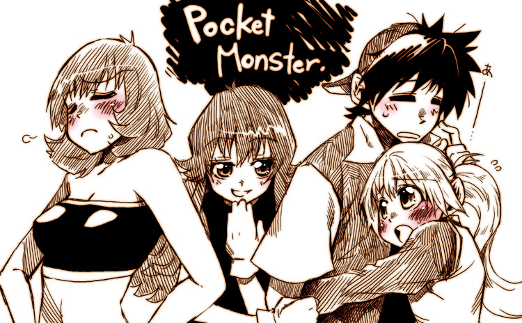 takanashi ringo, green (pokemon), misty (pokemon), red (pokemon), yellow (pokemon), nintendo, pokemon, pokemon adventures, 3girls, bandeau, blush, breasts, brown hair, brown theme, closed eyes, couple, gloves, hat, hetero, hug, jealous, long hair, medium breasts, monochrome, multiple girls, open mouth, ponytail, short hair, smile, spot color, strapless, tube top