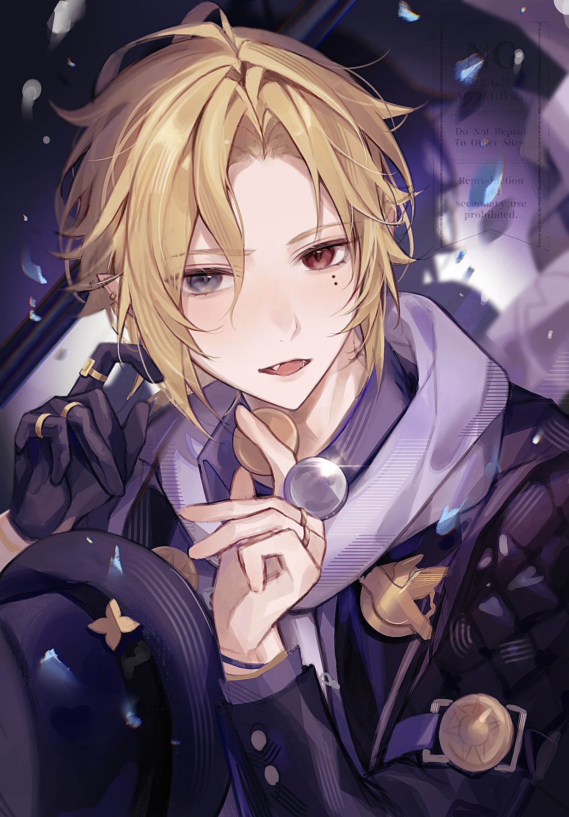 asuma up, hugo vlad, zenless zone zero, absurdres, highres, 1boy, arm out of sleeve, bicep strap, black gloves, black hat, blonde hair, bracelet, broken glass, coat, coin, ear piercing, fang, glass, gloves, gold ring, grey eyes, hair over one eye, hat, heterochromia, holding, holding coin, jewelry, lapel pin, looking at viewer, male focus, medallion, mole, mole under eye, multiple rings, open mouth, piercing, pointy ears, purple background, purple coat, purple scarf, purple shirt, red eyes, ring, scarf, shirt, single glove, solo, tongue