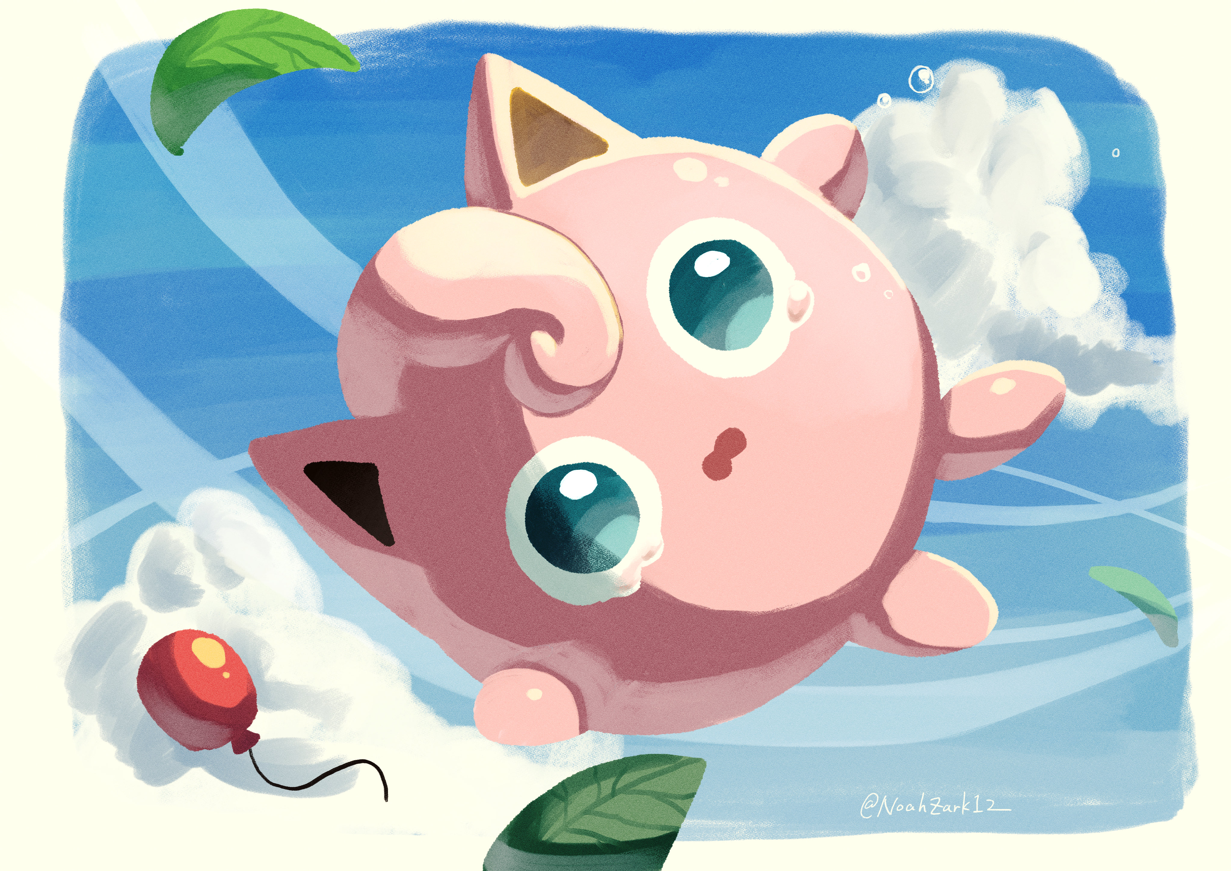 noahzark1212, jigglypuff, nintendo, pokemon, absurdres, highres, balloon, blue eyes, blue sky, cloud, crying, floating, gen 1 pokemon, leaf, looking at viewer, no humans, open mouth, outdoors, pokemon (creature), pokemon focus, sky, solo
