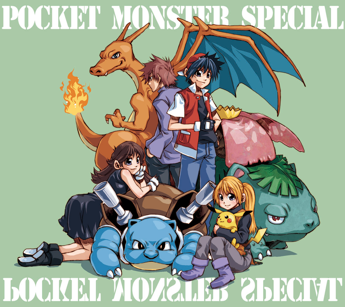 takanashi ringo, blastoise, blue oak, charizard, green (pokemon), pikachu, red (pokemon), venusaur, yellow (pokemon), nintendo, pokemon, pokemon adventures, 2boys, 2girls, blush, brown hair, dragon, fire, flame-tipped tail, gen 1 pokemon, hat, hug, kneeling, multiple boys, multiple girls, pokemon (creature), smile, starter pokemon trio, tail