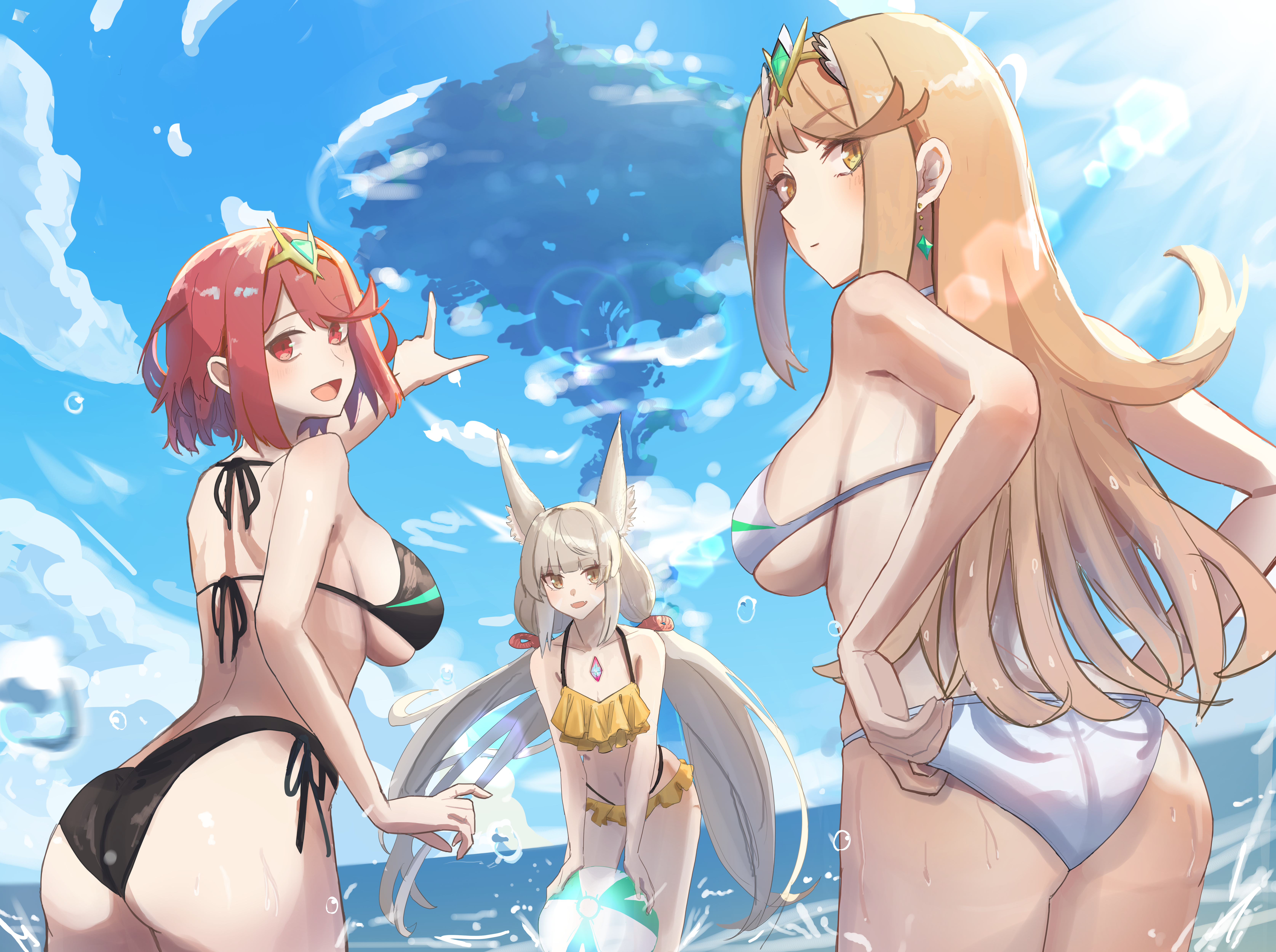 amausa subee, mythra (xenoblade), nia (xenoblade), pyra (xenoblade), xenoblade chronicles (series), xenoblade chronicles 2, absurdres, commentary, english commentary, highres, 3girls, adjusting clothes, adjusting swimsuit, animal ear fluff, ass, ball, beachball, bikini, blue sky, blush, bob cut, breasts, cloud, grey hair, in-universe location, large breasts, long hair, looking at viewer, looking back, multiple girls, pointing, red eyes, red hair, sky, smile, swimsuit, tiara, tree, very long hair, wading, wet