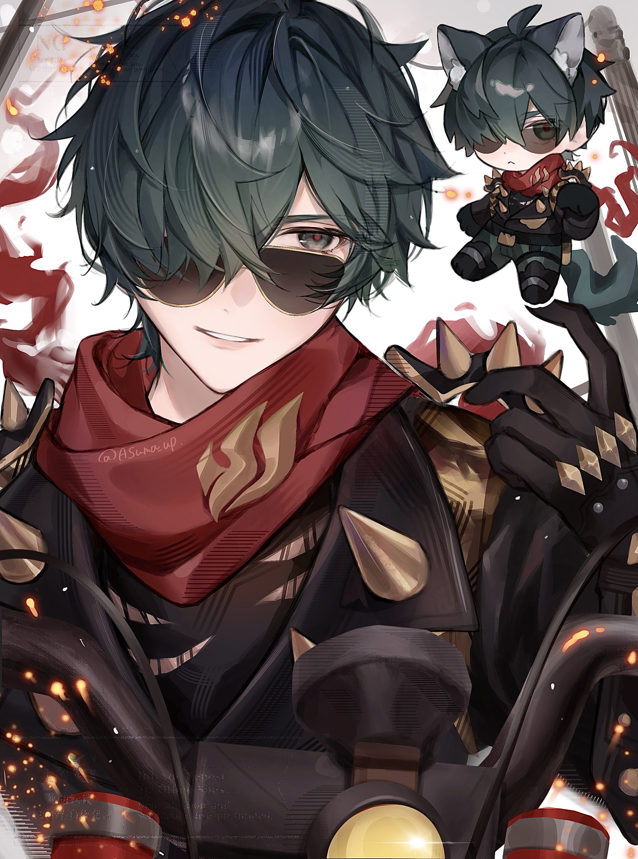 asuma up, lighter (zenless zone zero), zenless zone zero, absurdres, highres, 1boy, animal ear fluff, animal ears, black shirt, chibi, facing viewer, fire, green eyes, green hair, green pants, hair over one eye, jacket, leather, leather jacket, looking at another, looking over eyewear, male focus, motor vehicle, motorcycle, pants, red pupils, red scarf, scarf, shirt, shoulder spikes, smile, solo, spiked jacket, spikes, studded gloves, sunglasses, teeth, torn clothes, torn shirt, white background